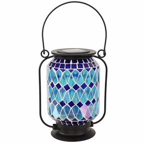 Sunnydaze Cool Blue Mosaic Glass Solar LED Lantern - 8.5"outdoor garden decorative ornaments