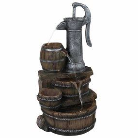 Sunnydaze Cozy Farmhouse Pump and Barrels Outdoor Fountain with Lightsoutdoor garden water fountain