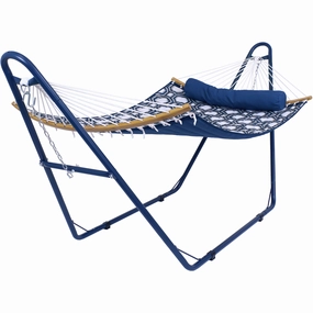 Sunnydaze Curved Spreader Bar Hammock with Blue Steel Stand - Gray Blue Octagon double size outdoor hammock for couples