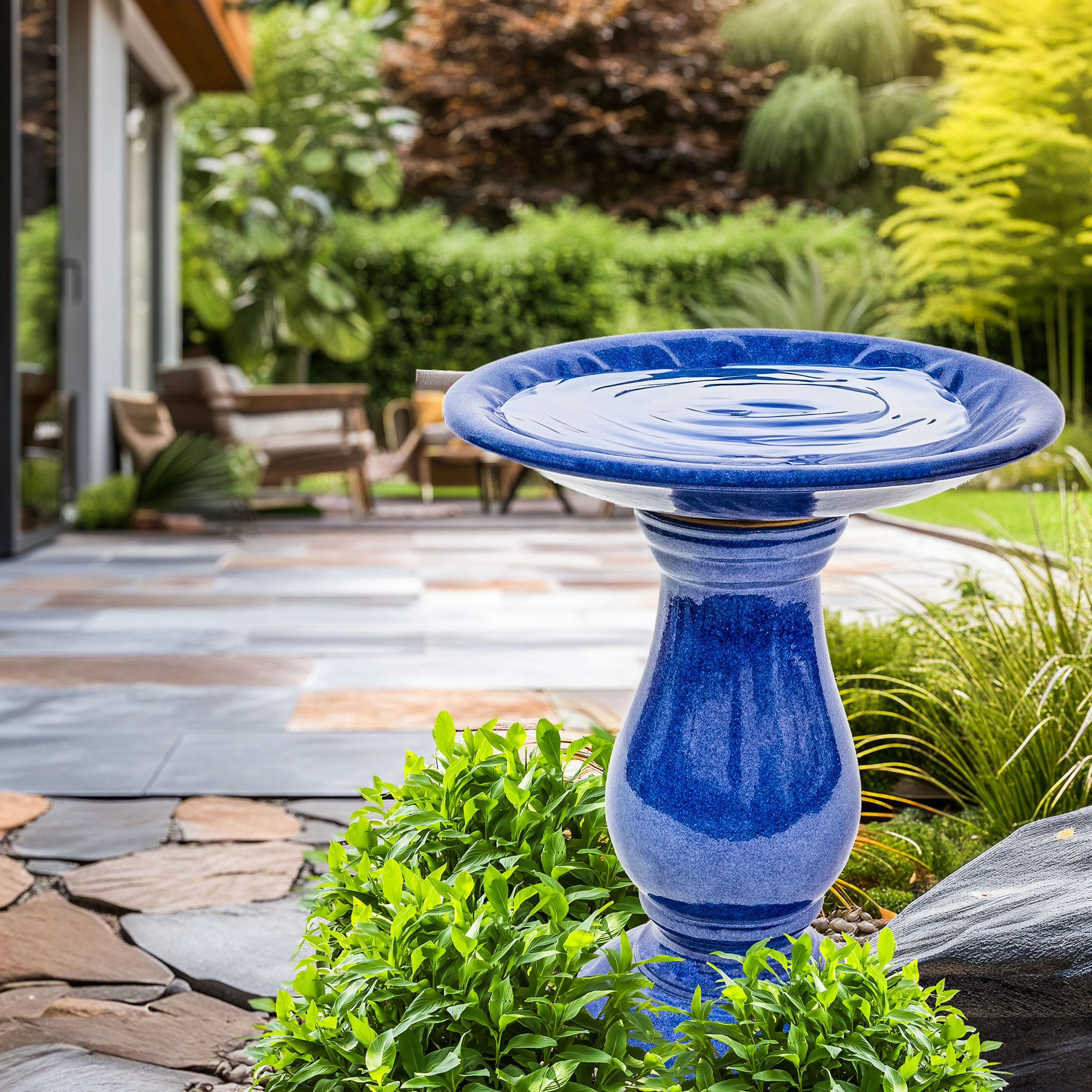 Sunnydaze Daisy Embossed Bowl Glazed Ceramic Bird Bath - Blue - 21.5" H