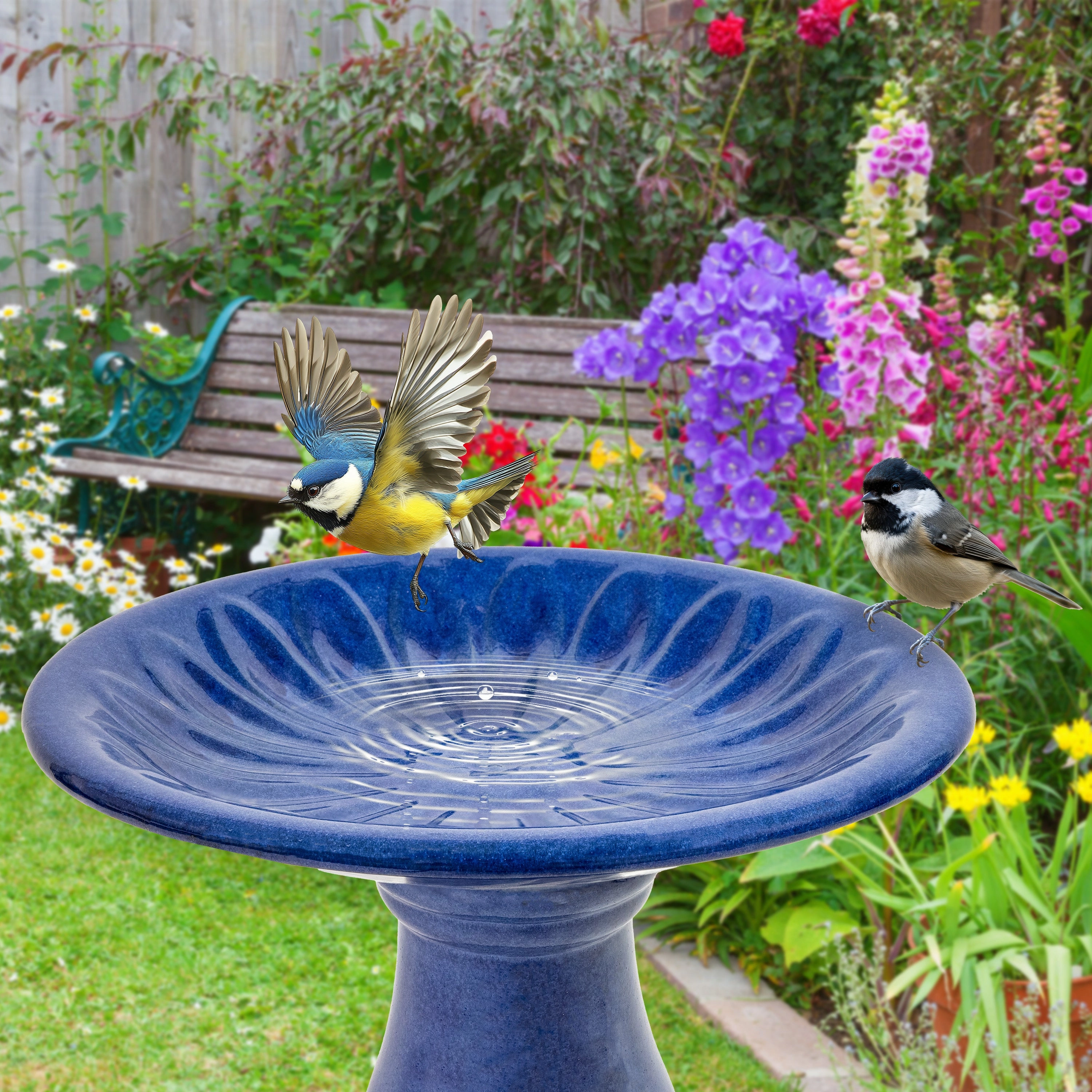 Sunnydaze Daisy Embossed Bowl Glazed Ceramic Bird Bath - Blue - 21.5" H