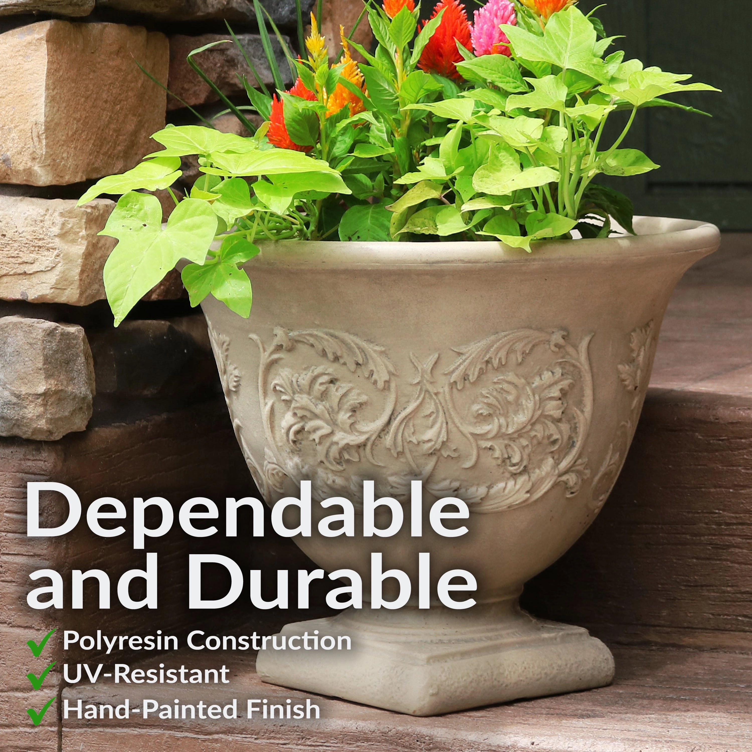 Sunnydaze Darcy Polyresin Outdoor Garden Planter Urn - Beige - 16"