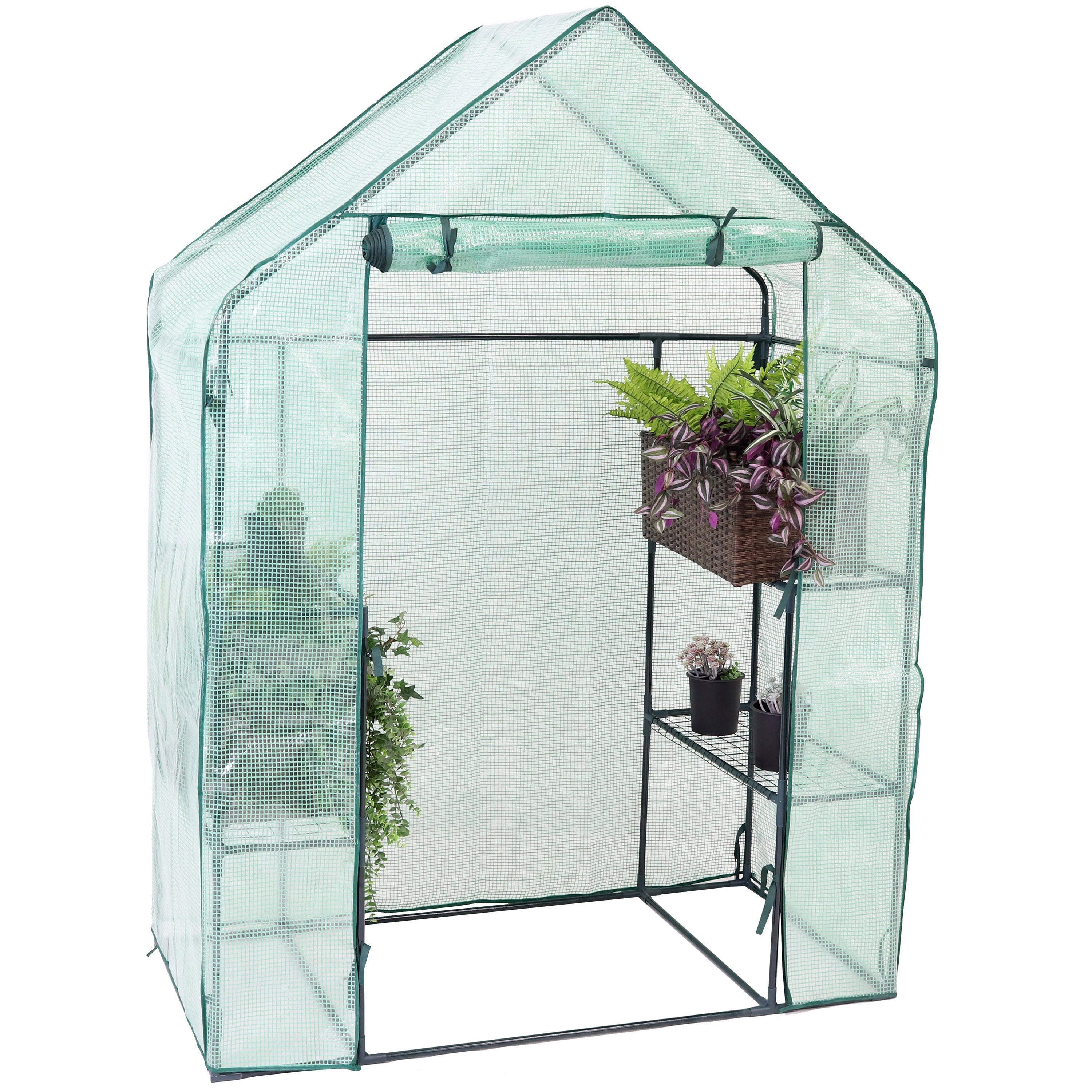 Sunnydaze Deluxe Walk-In Greenhouse with 4 Shelves for Outdoors - Green decorative outdoor planter box designs