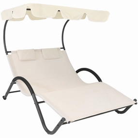 Sunnydaze Double Chaise Lounge with Canopy and Headrest Pillow - Beigeoutdoor patio furniture set