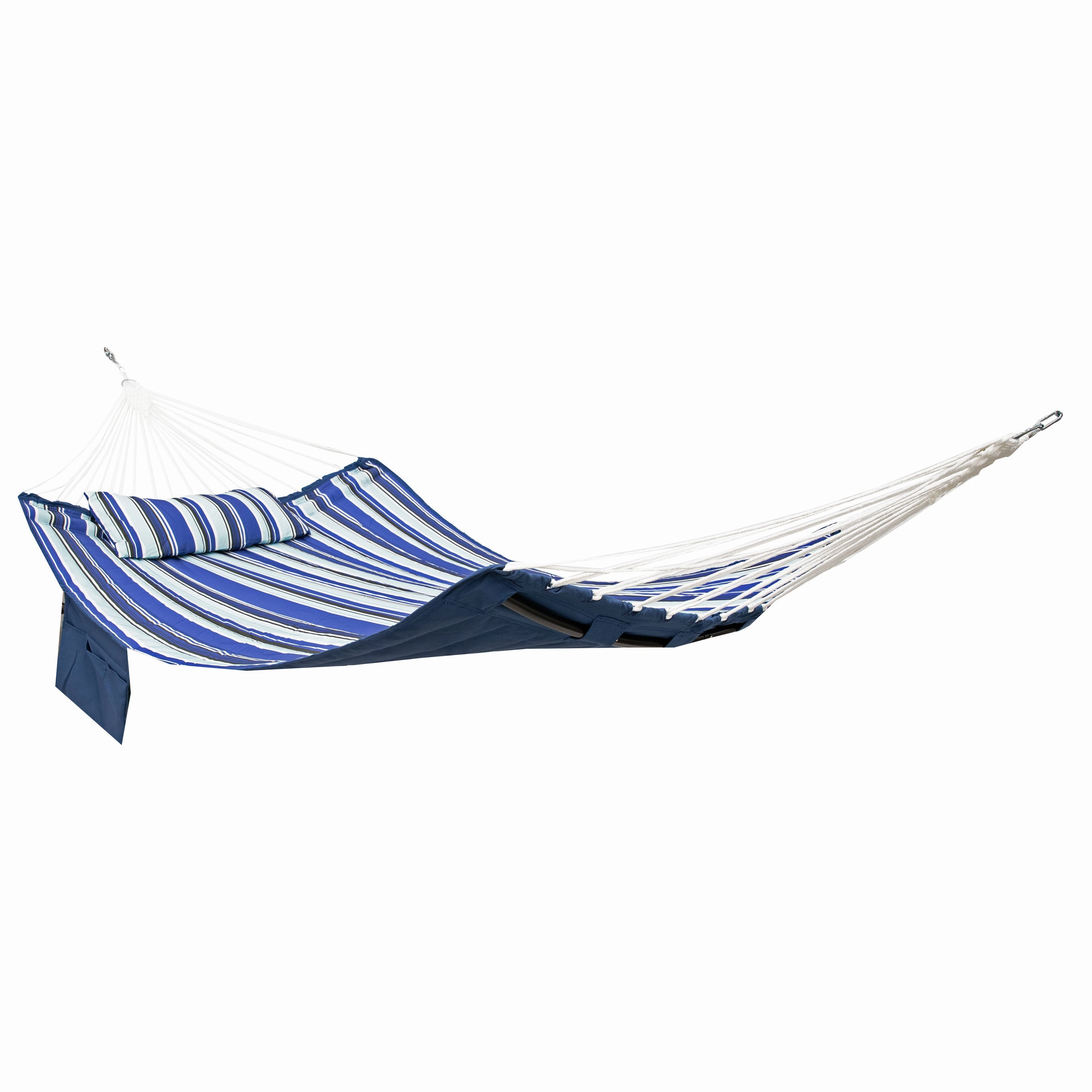 Sunnydaze Double Hammock with Pillow and Curved Metal Spreader Bars double size outdoor hammock for couples