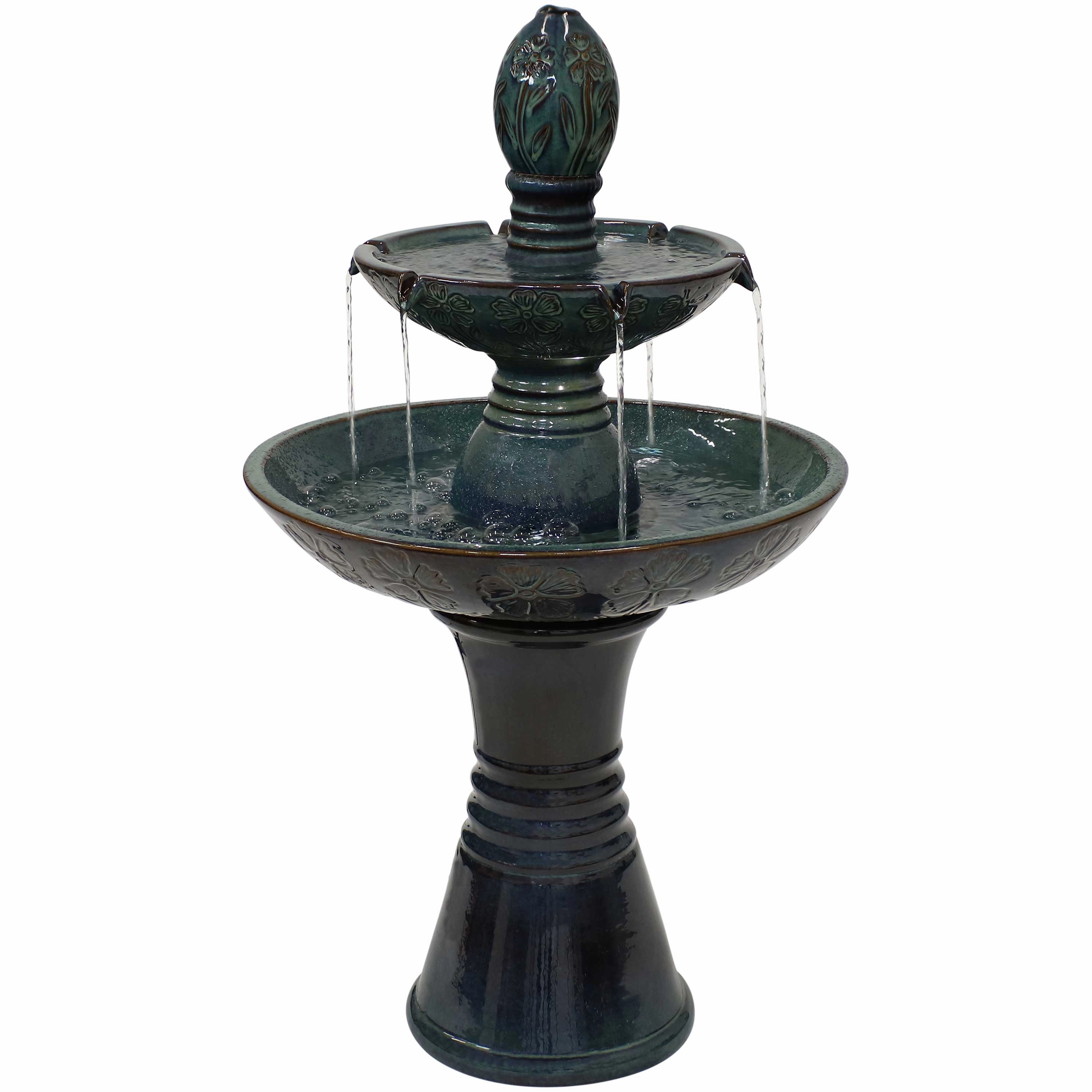Sunnydaze Double Tier Outdoor Ceramic Fountain with LED Lights - 38"outdoor garden water fountain