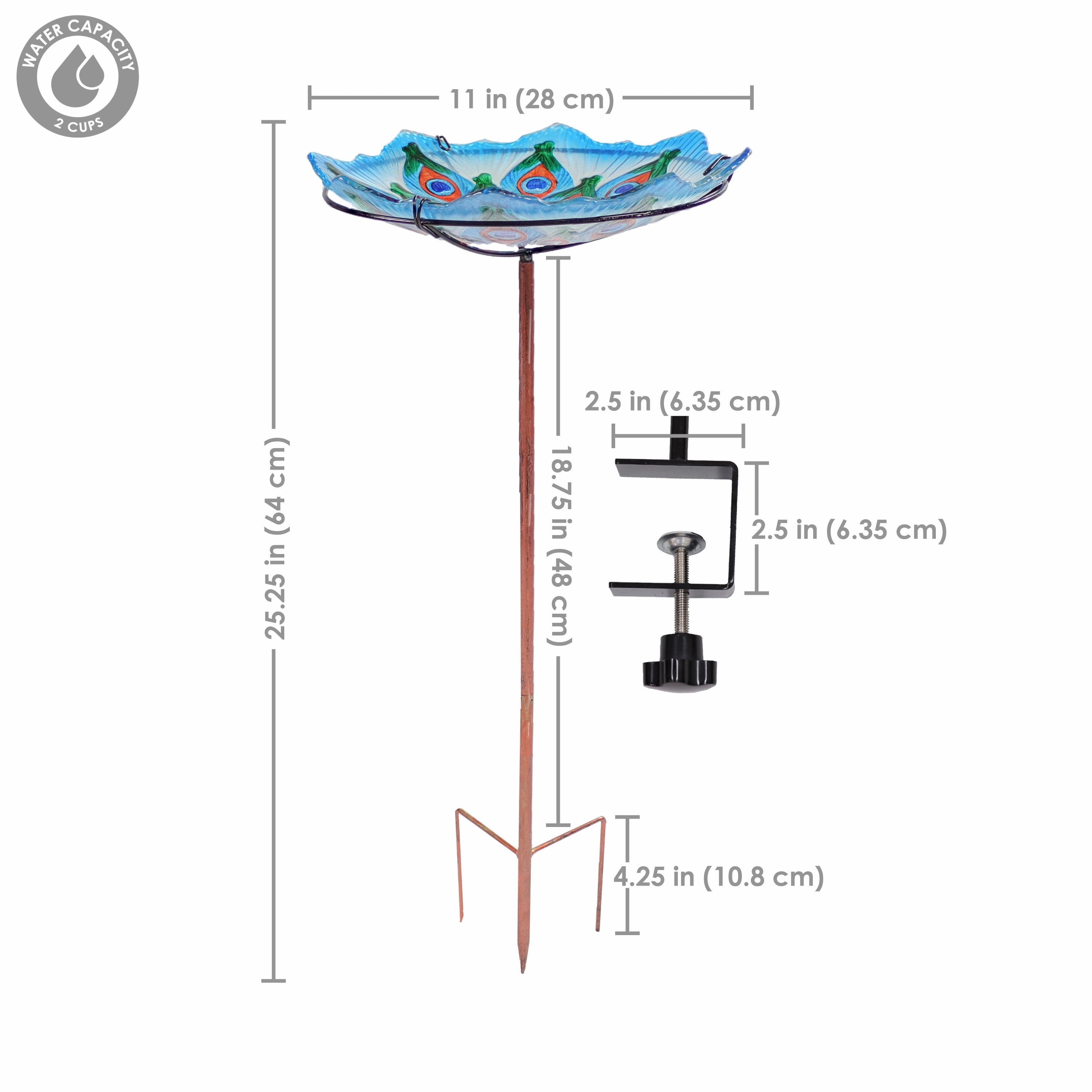 Sunnydaze Exquisite Feathers Deck-Mounted/Staked Glass Bird Bath