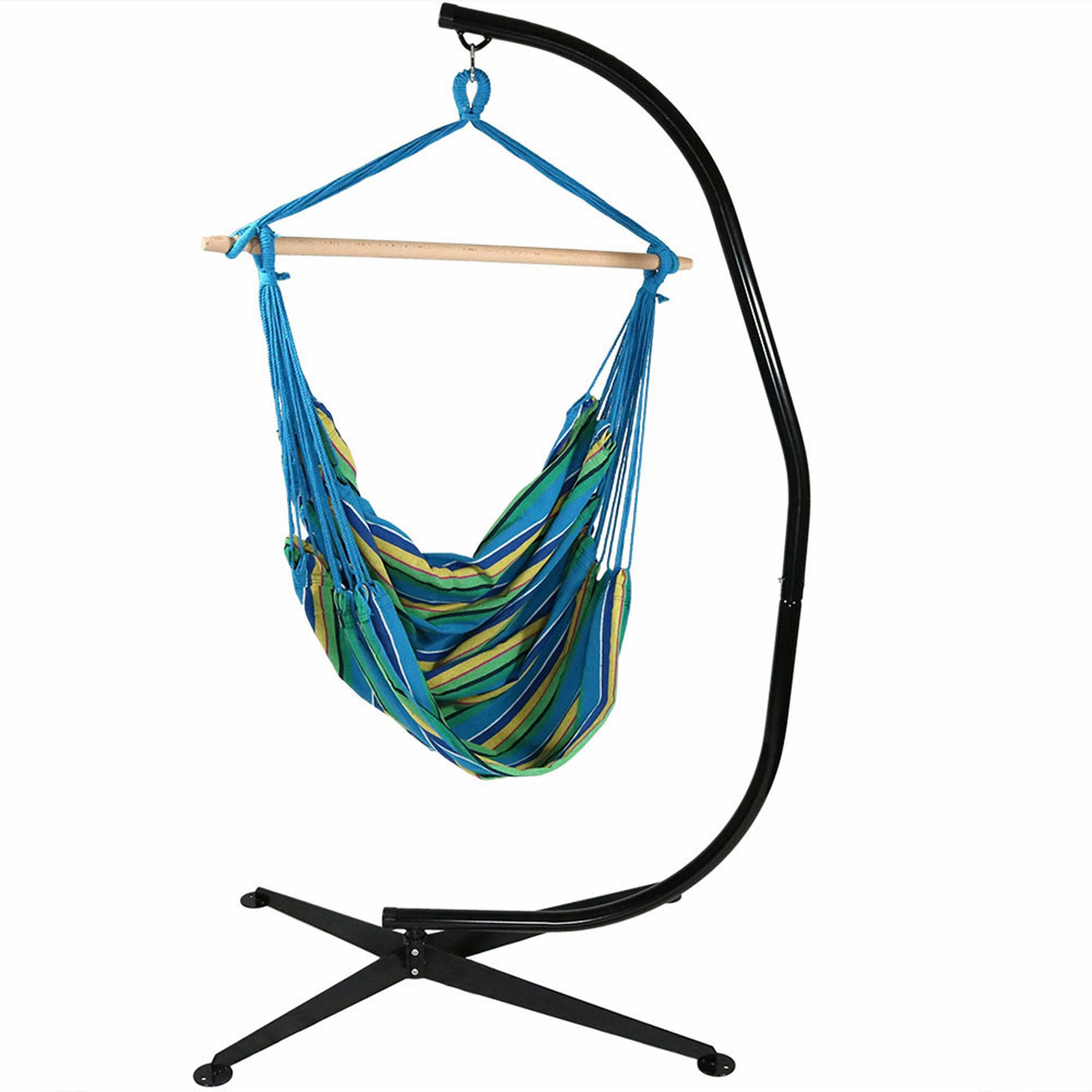 Sunnydaze Extra Large Outdoor Hanging Rope Hammock Chair Swing with C-Stand - Ocean Breeze double size outdoor hammock for couples