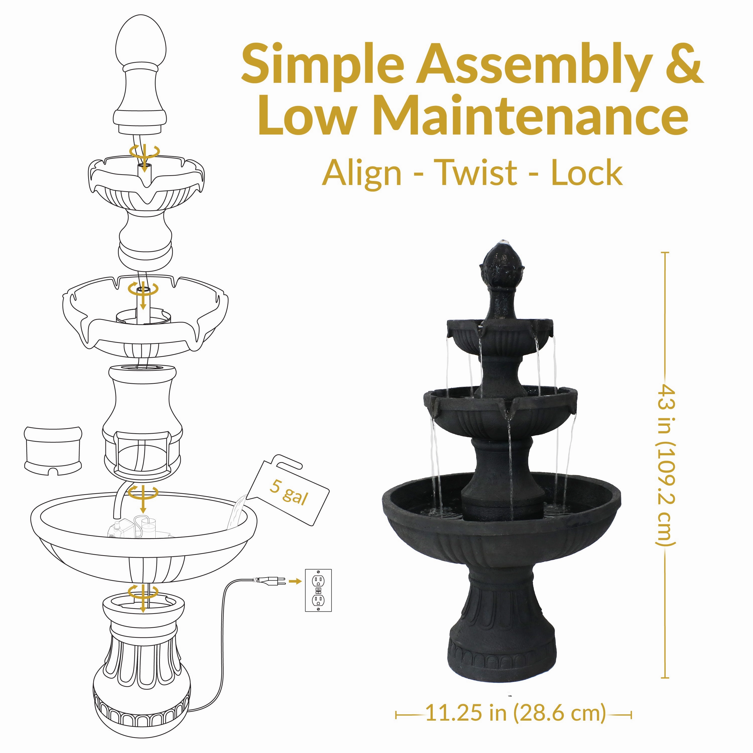 Sunnydaze Flower Blossom Outdoor Electric 3-Tier Water Fountain - 43" H