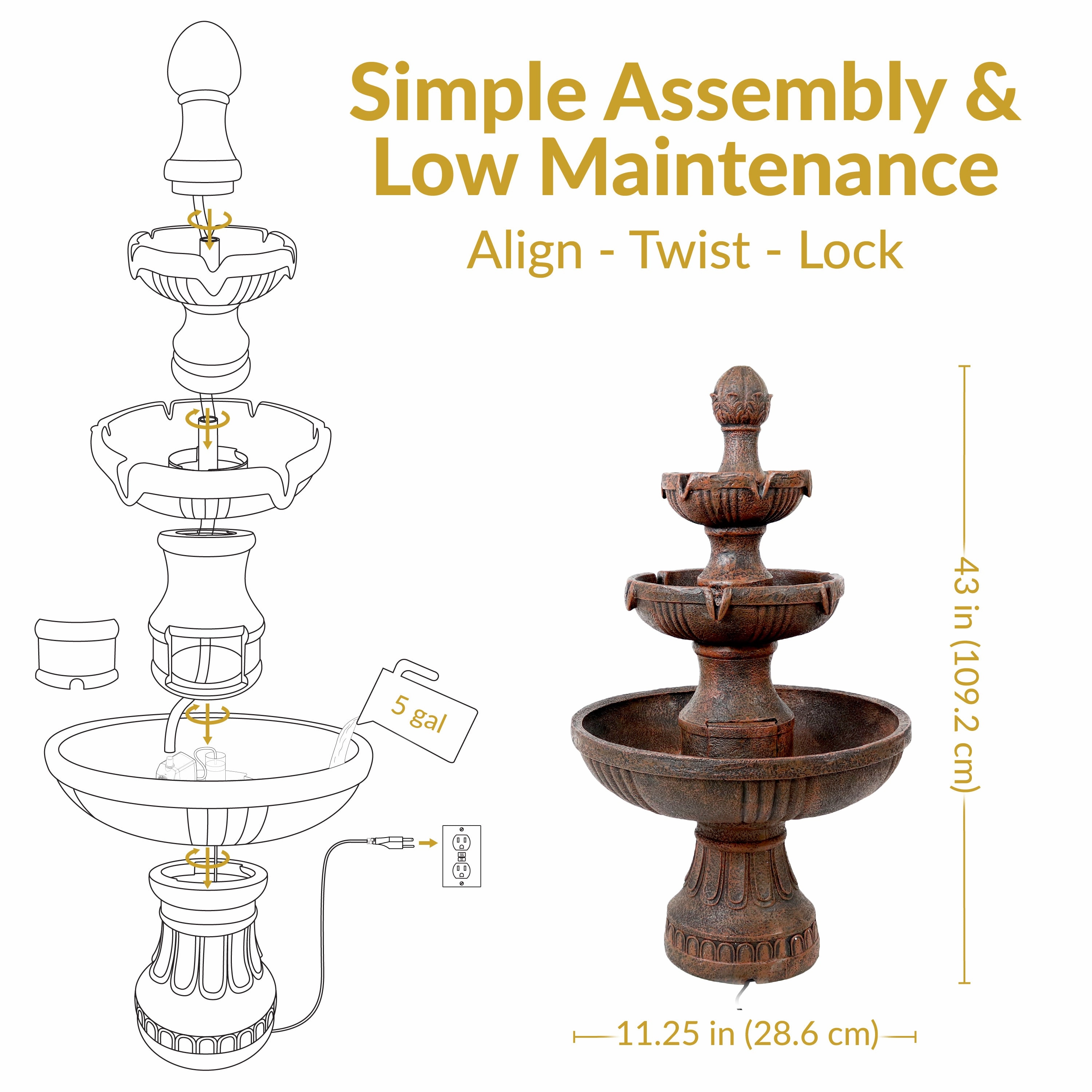Sunnydaze Flower Blossom Outdoor Electric 3-Tier Water Fountain - 43" H