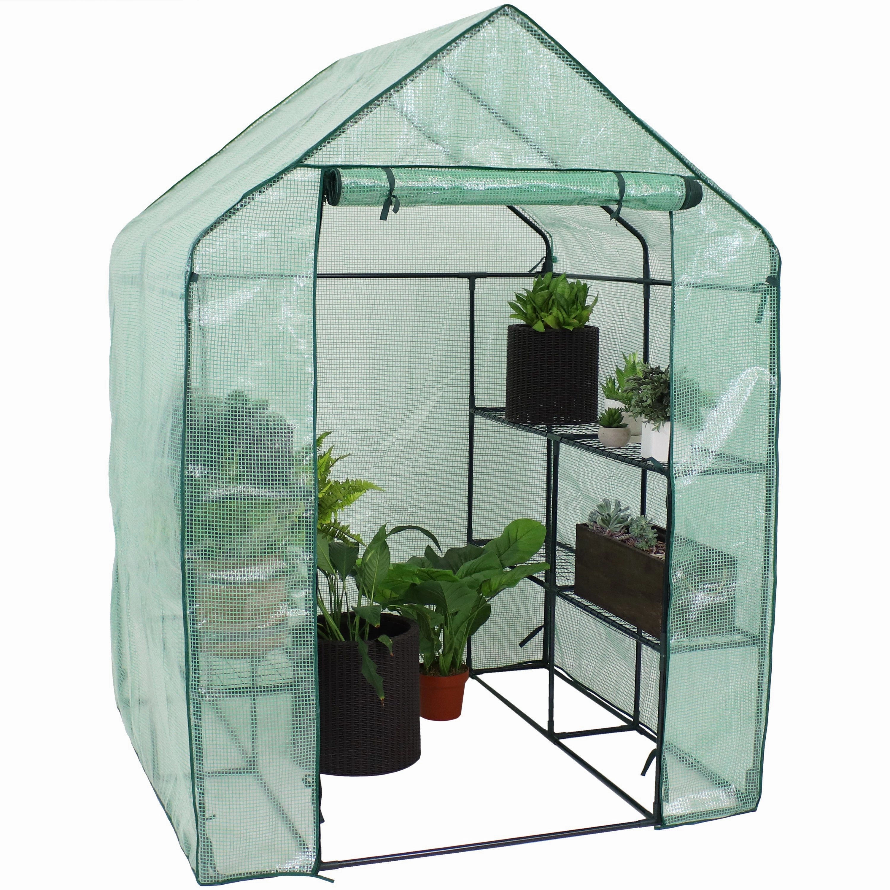 Sunnydaze Grandeur Walk-In Greenhouse with 4 Shelves for Outdoors - Green decorative outdoor planter box designs