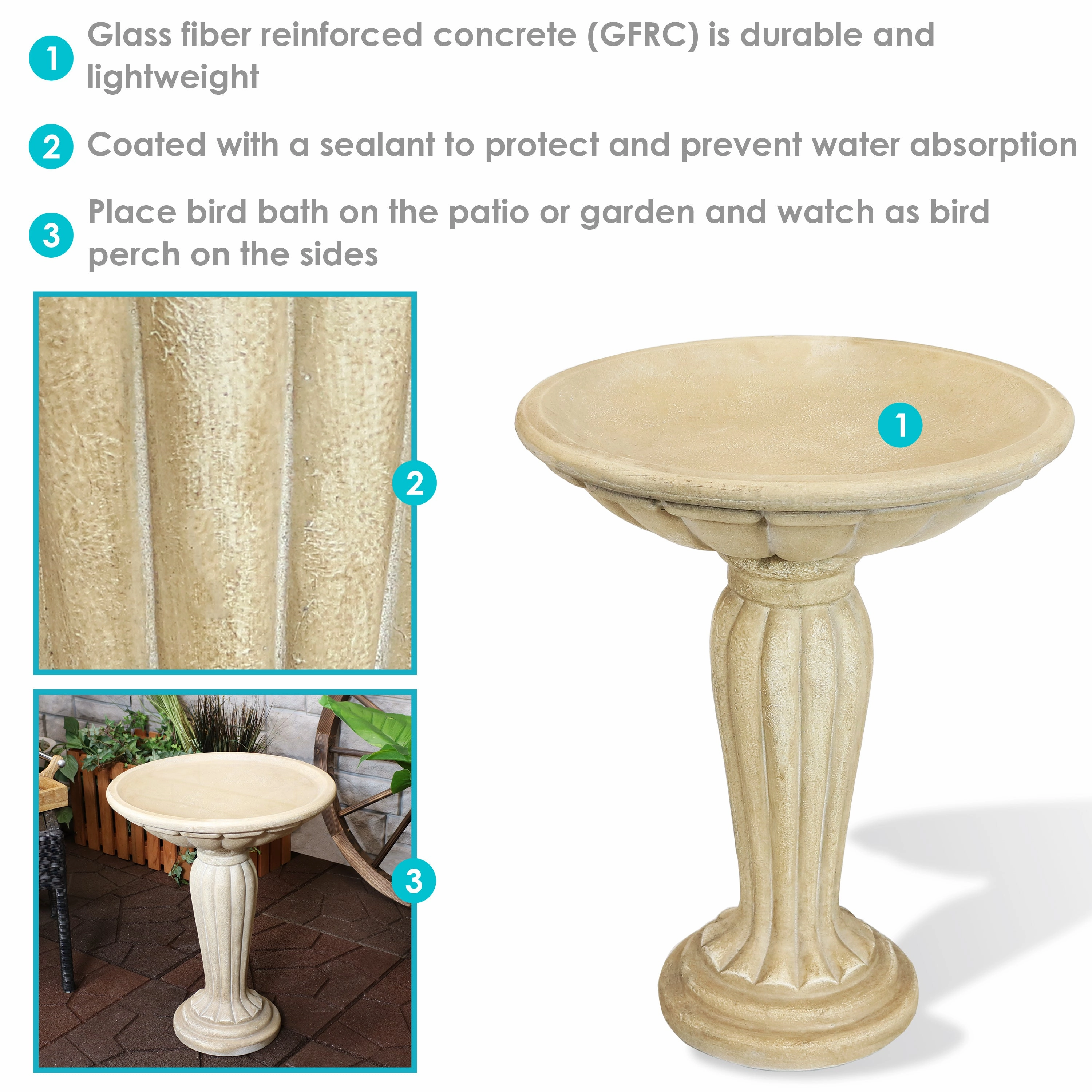 Sunnydaze Grecian Garden Reinforced Concrete Bird Bath - 16" Diameter