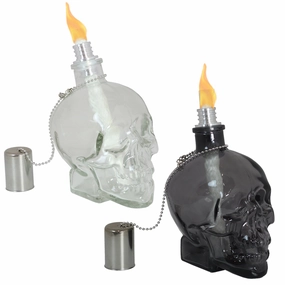 Sunnydaze Grinning Skull Glass Tabletop Torches - Black and Clearoutdoor garden decorative ornaments