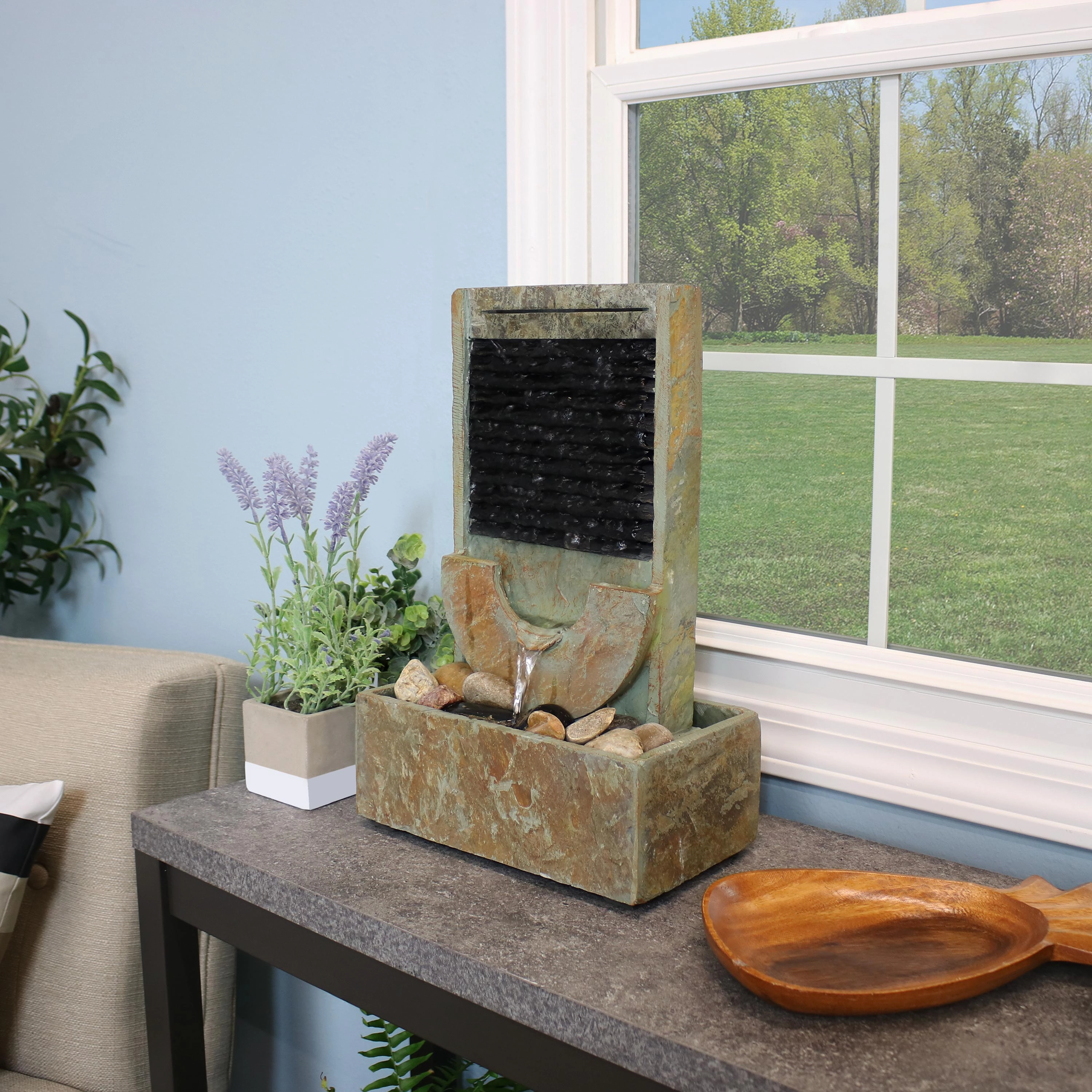 Sunnydaze Half Moon Slate Indoor Water Fountain - 16"