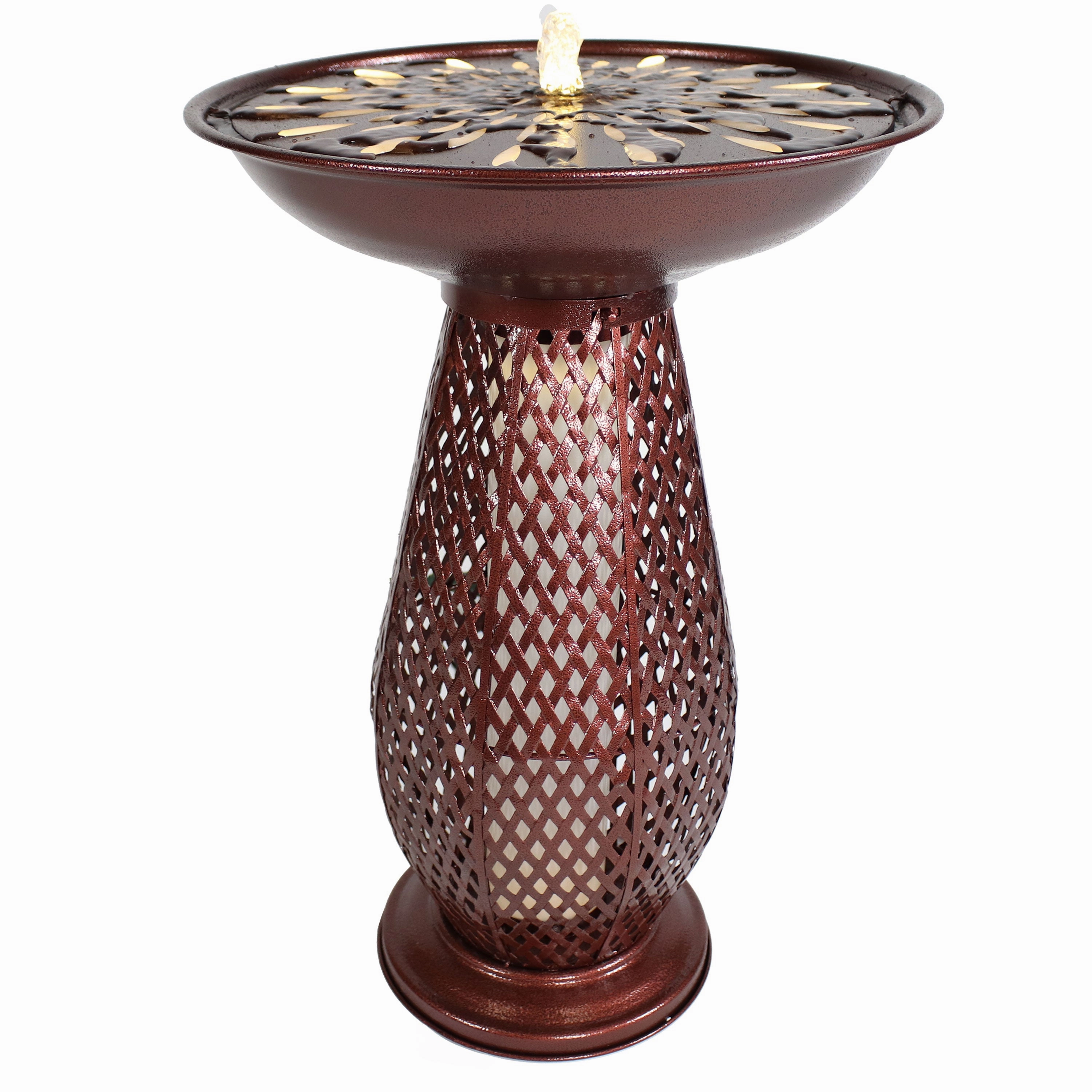 Sunnydaze Iron Crosshatch Bird Bath Fountain with LED Lights - 28.75"outdoor garden water fountain