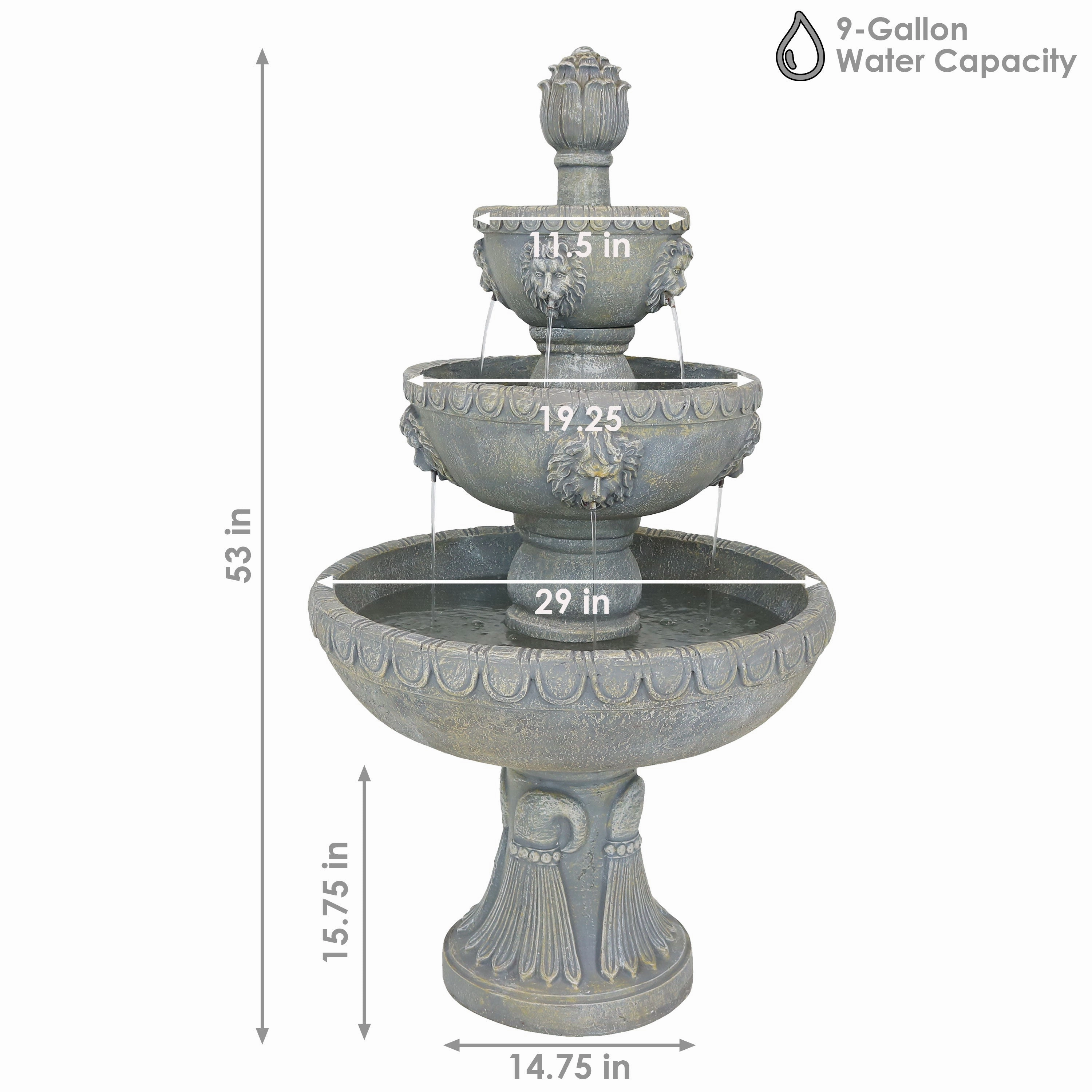 Sunnydaze Lion Head 3-Tier Outdoor Water Fountain with Electric Pump