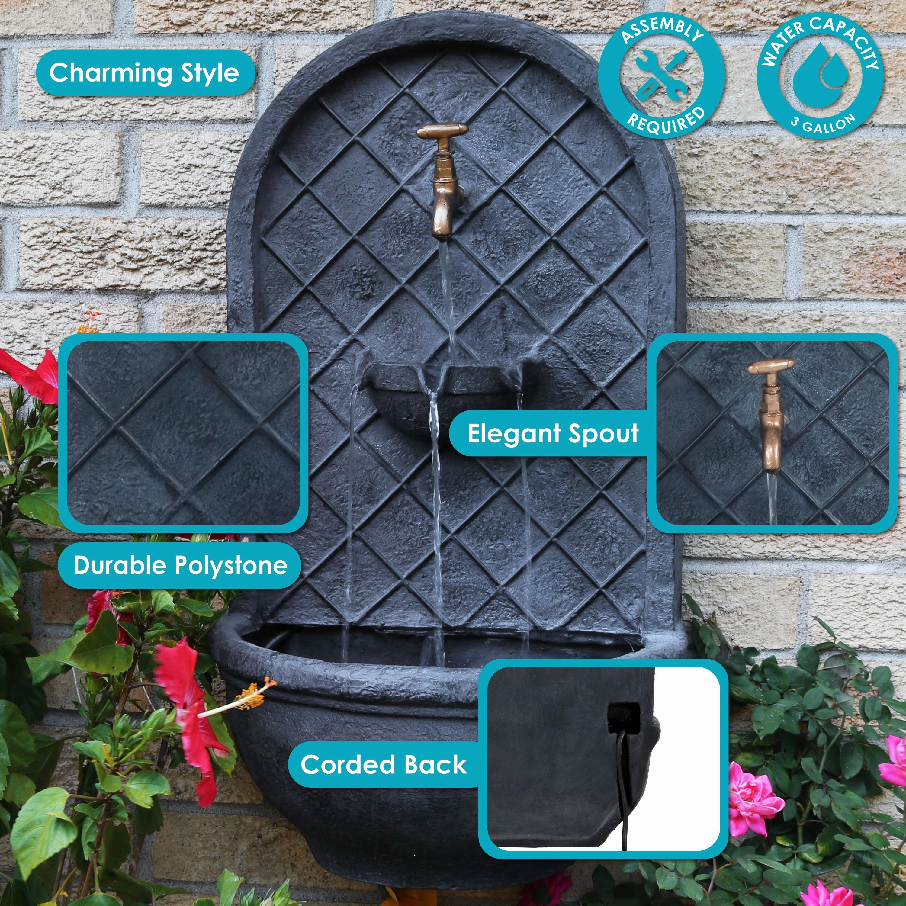Sunnydaze Messina Solar Wall Fountain with Battery Backup - 26" H