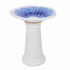 Sunnydaze Misty Blossom Glazed Ceramic Bird Bath  Blue/White - 23" Houtdoor garden decorative ornaments