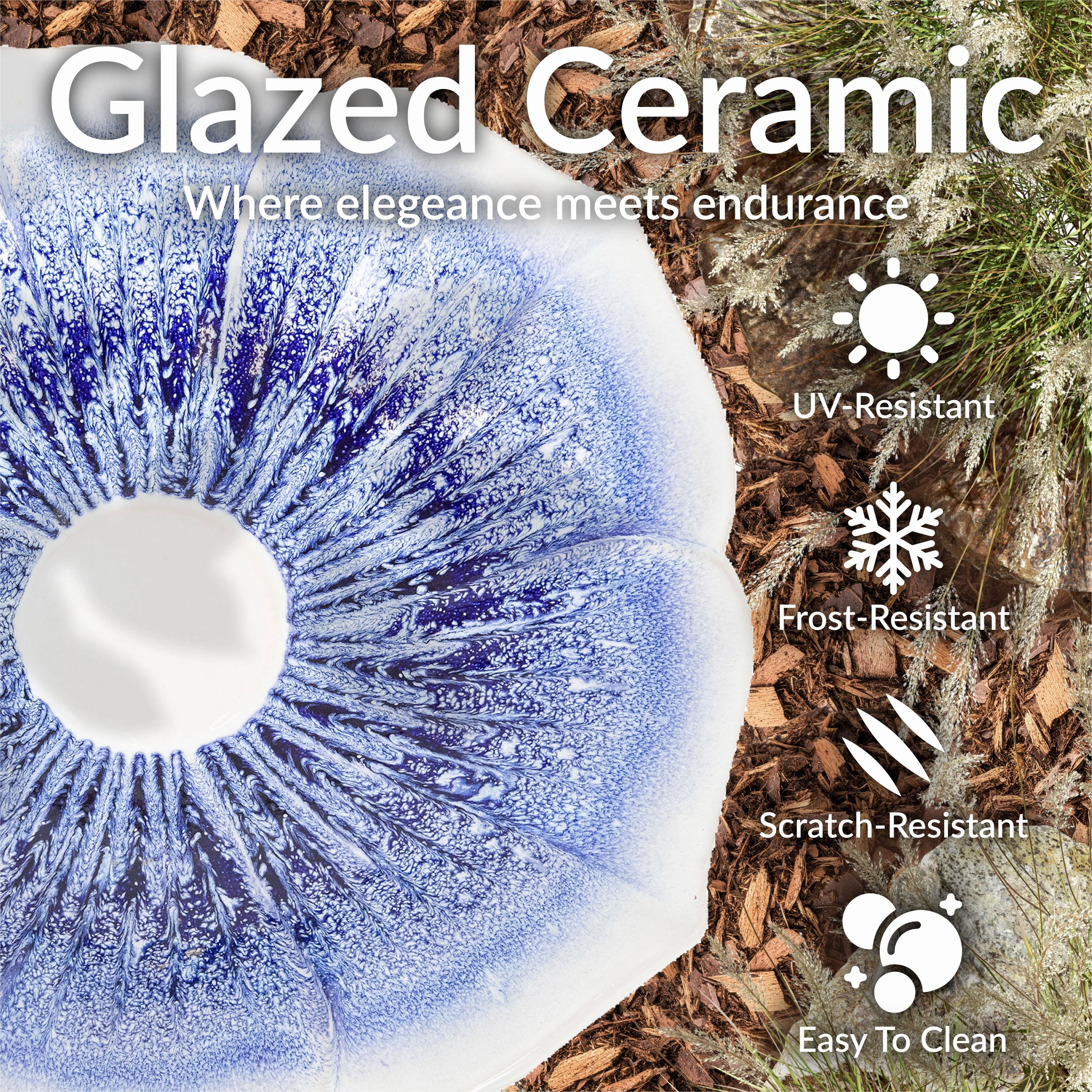 Sunnydaze Misty Blossom Glazed Ceramic Bird Bath  Blue/White - 23" H
