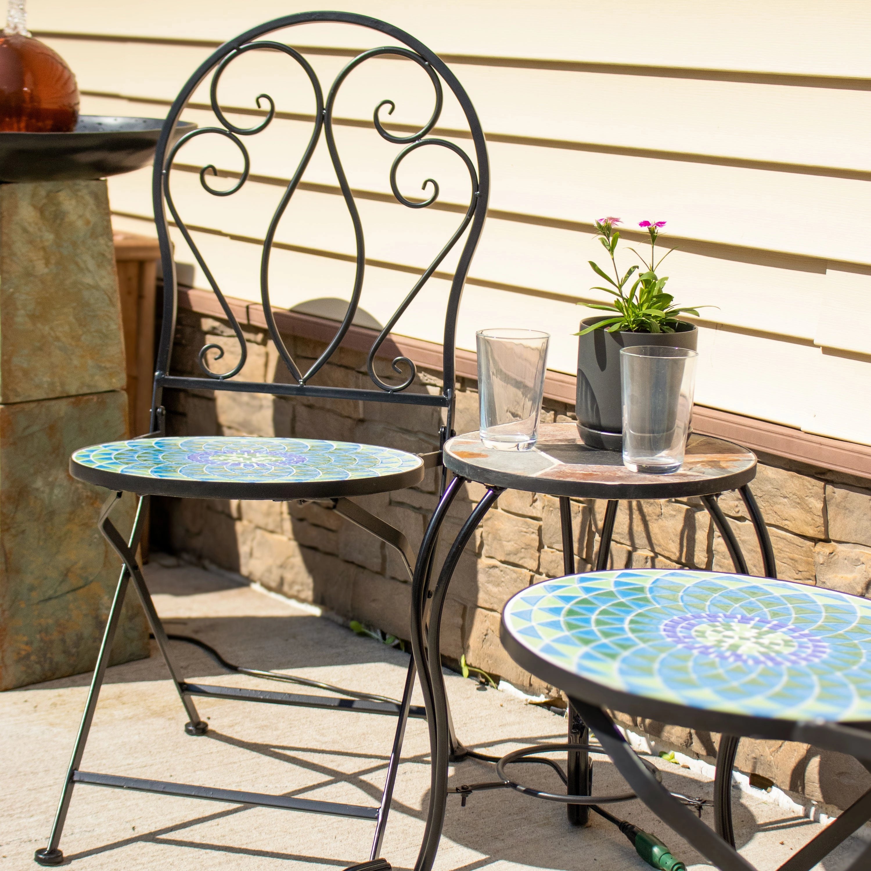 Sunnydaze Mosaic Tile Foldable Bistro Chair with Iron Frame - 2-Pack