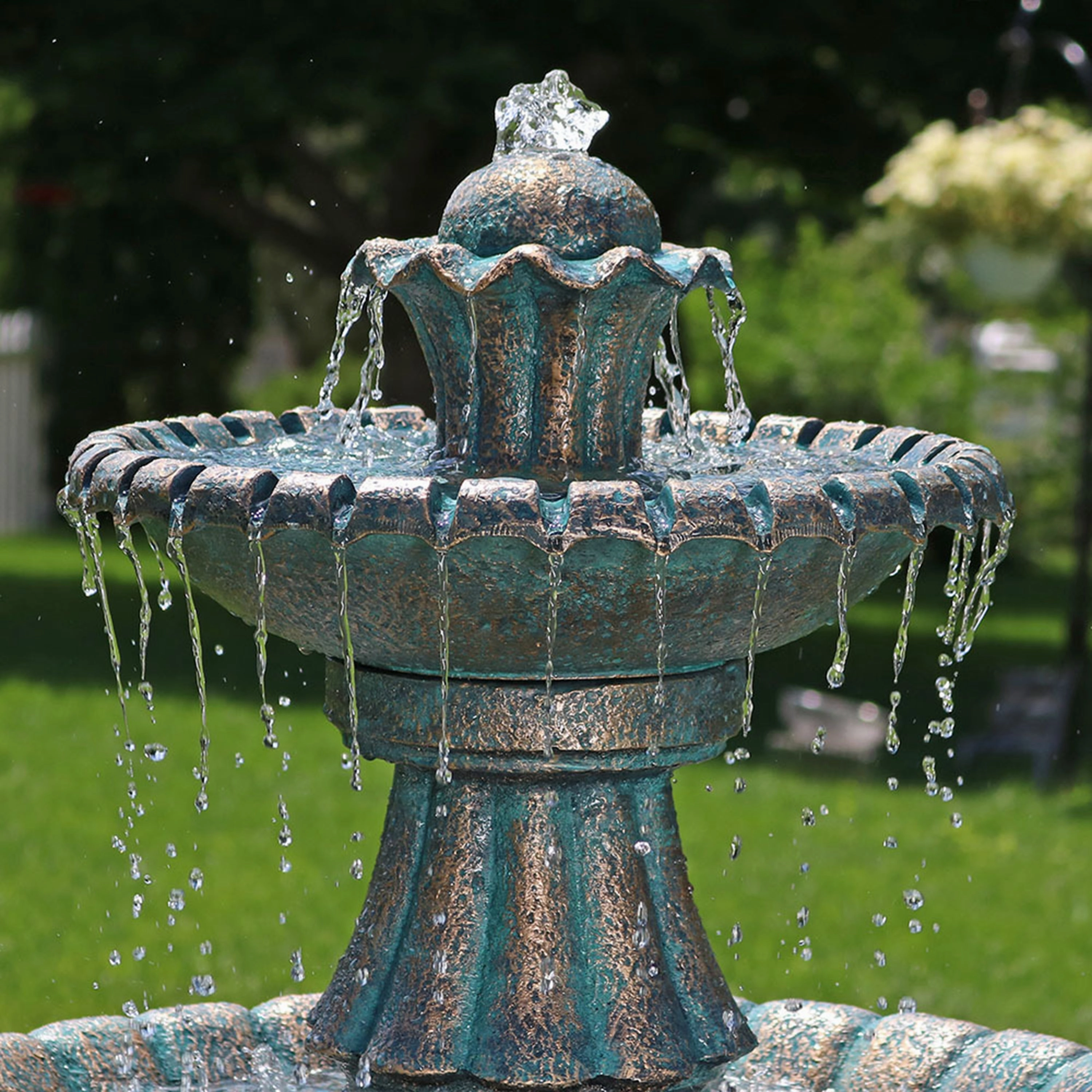 Sunnydaze Nouveau 2-Tier Outdoor Water Fountain  - 41" H - Green