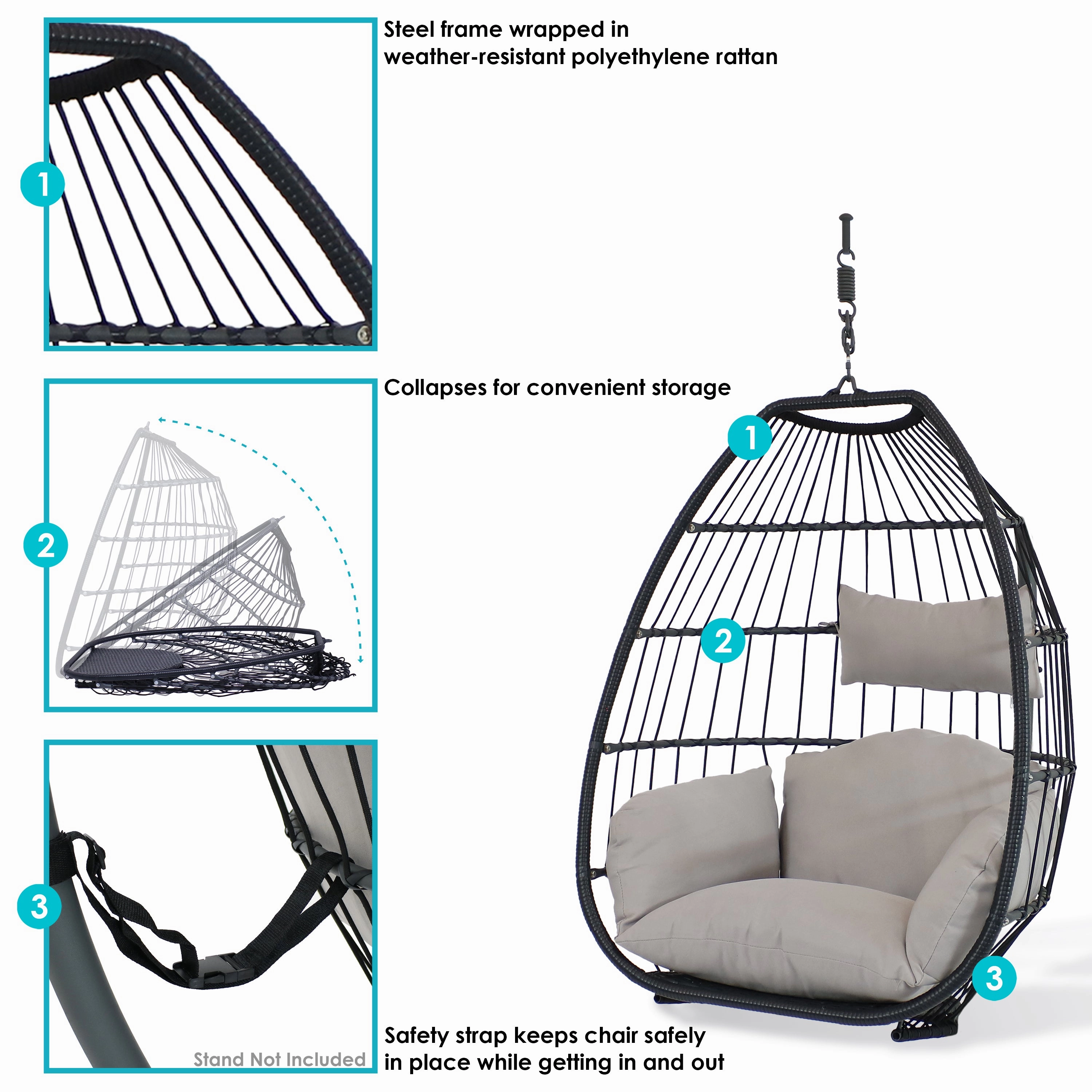 Sunnydaze Oliver Hanging Egg Chair with Seat Cushions - 48"