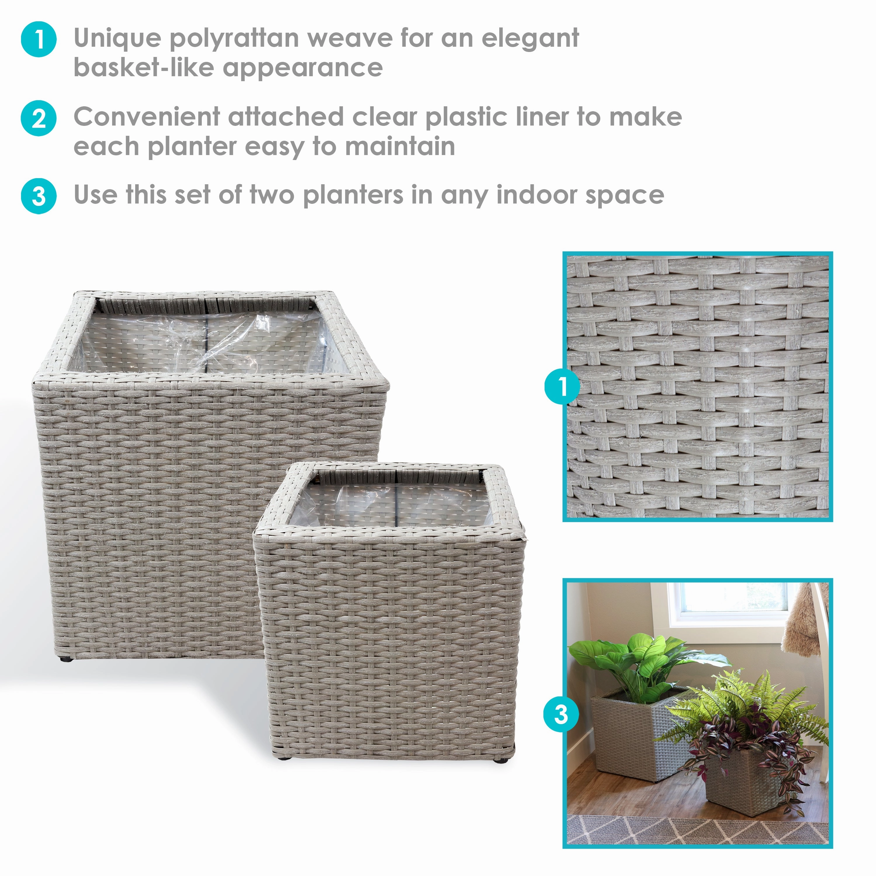 Sunnydaze Polyrattan Square Indoor Planters - 1 Large/1 Small Planter