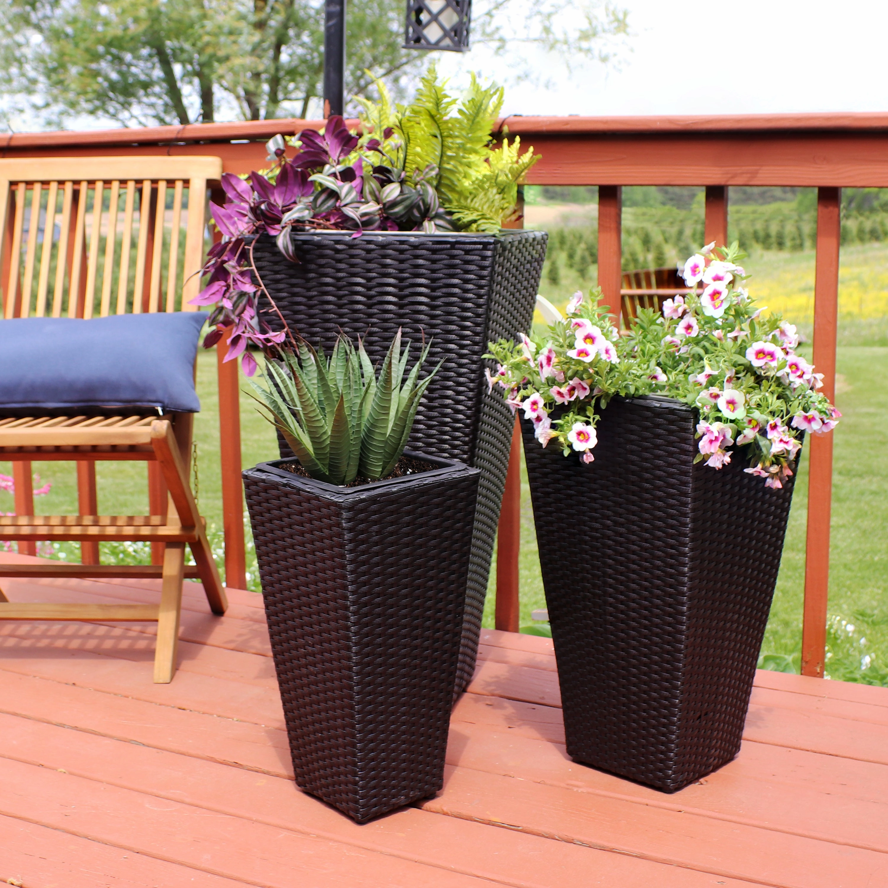 Sunnydaze Polyrattan Square Tall Wicker Planter - Black - Set of 3