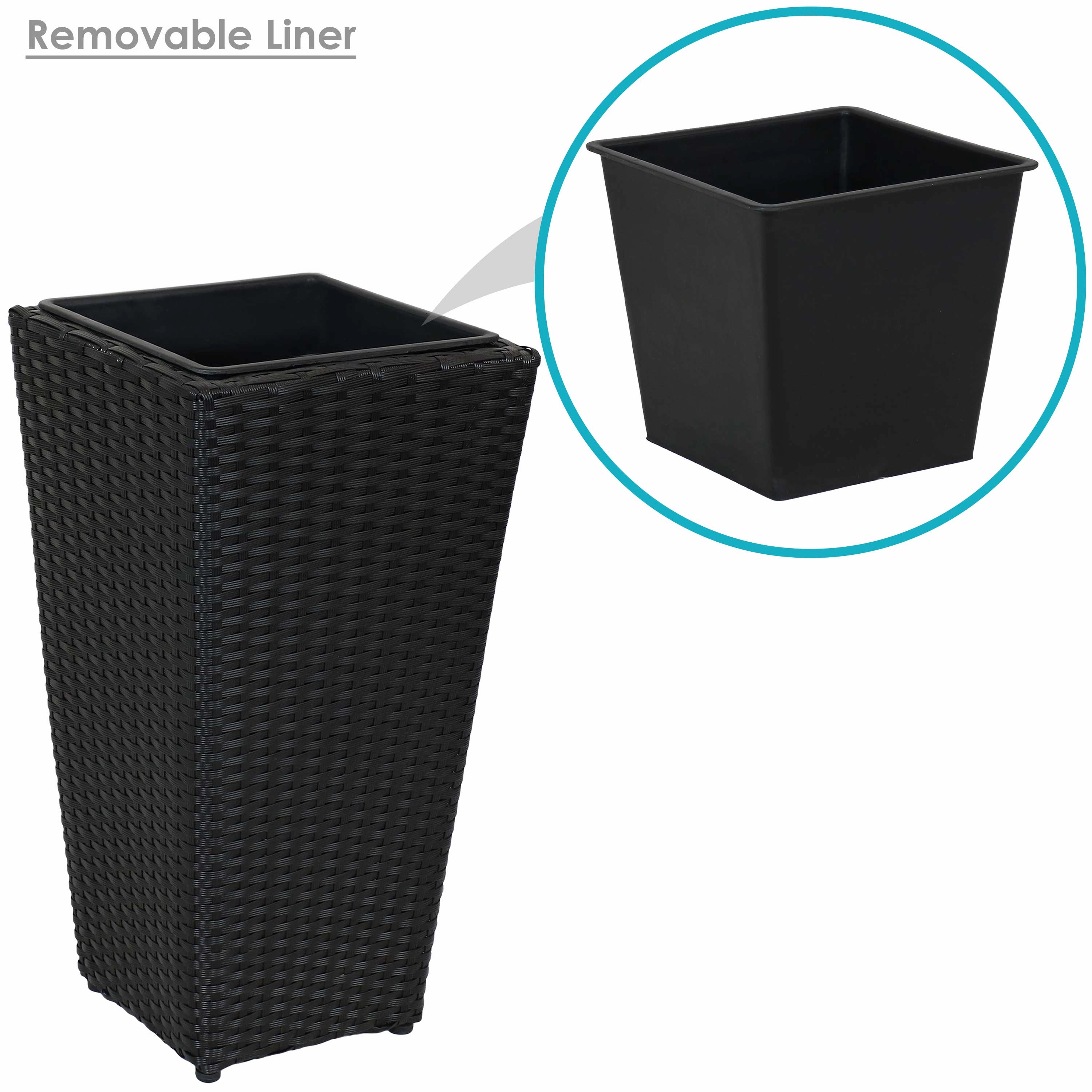 Sunnydaze Polyrattan Square Tall Wicker Planter - Black - Set of 3