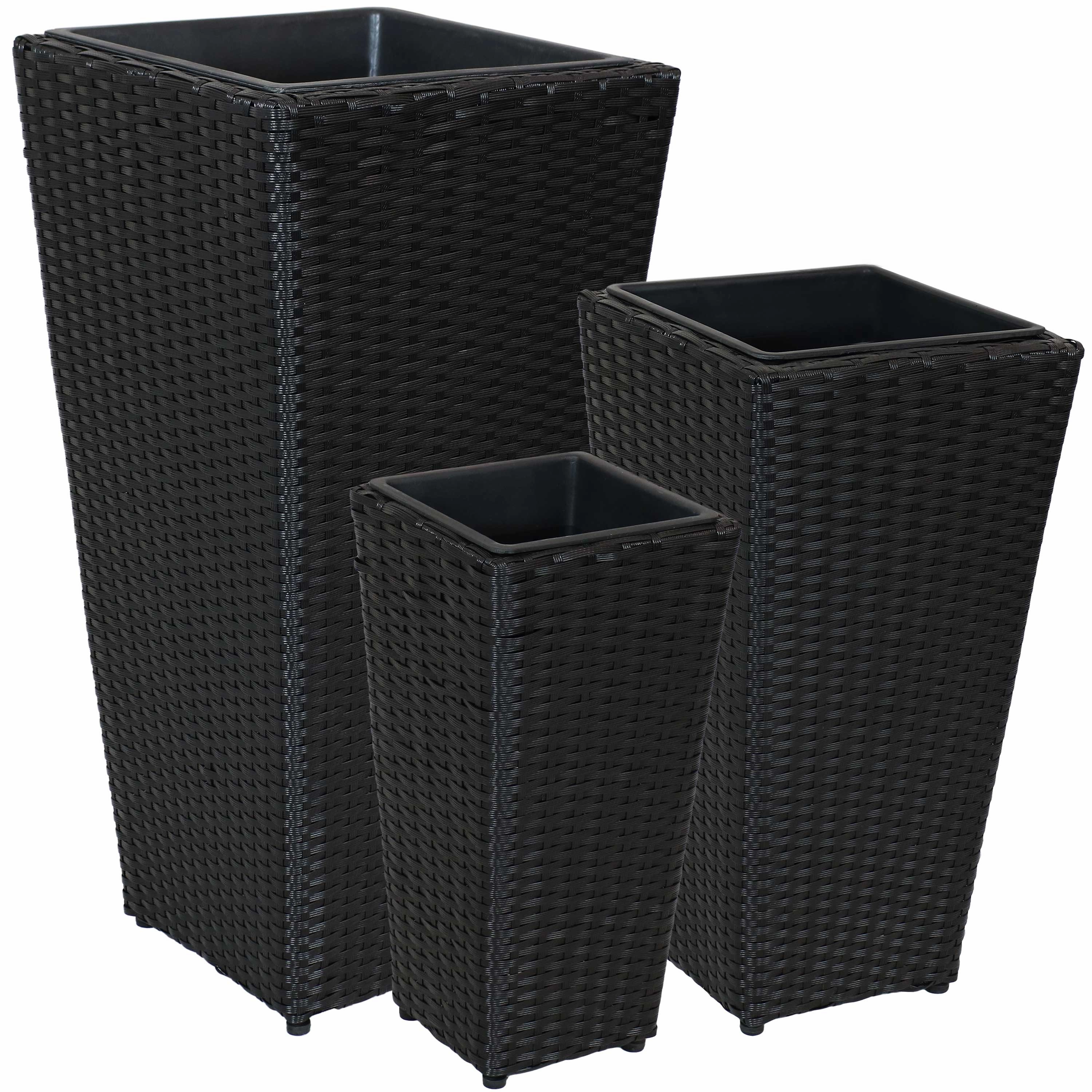 Sunnydaze Polyrattan Square Tall Wicker Planter - Black - Set of 3
