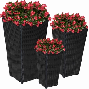 Sunnydaze Polyrattan Square Tall Wicker Planter - Black - Set of 3 decorative outdoor planter box designs