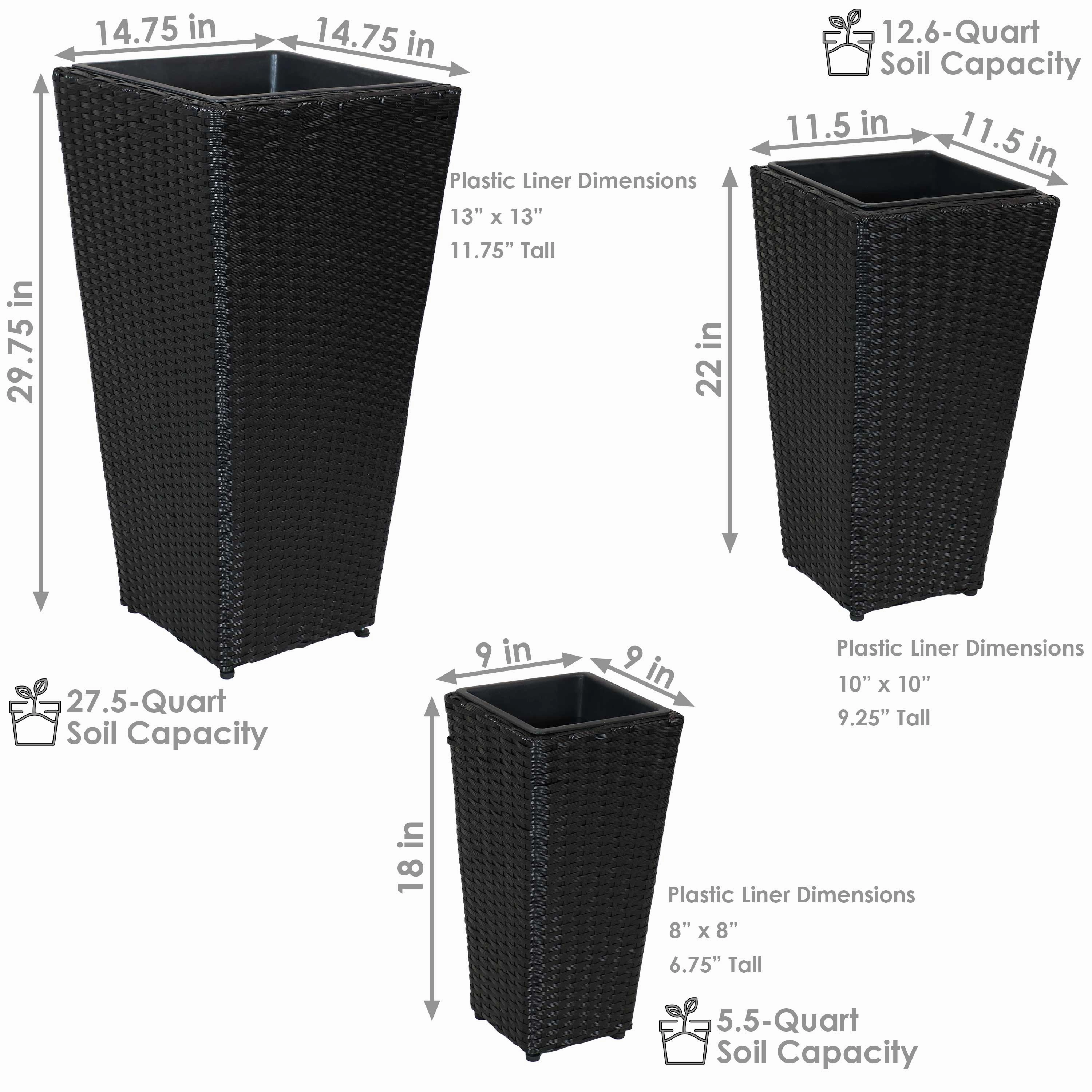 Sunnydaze Polyrattan Square Tall Wicker Planter - Black - Set of 3