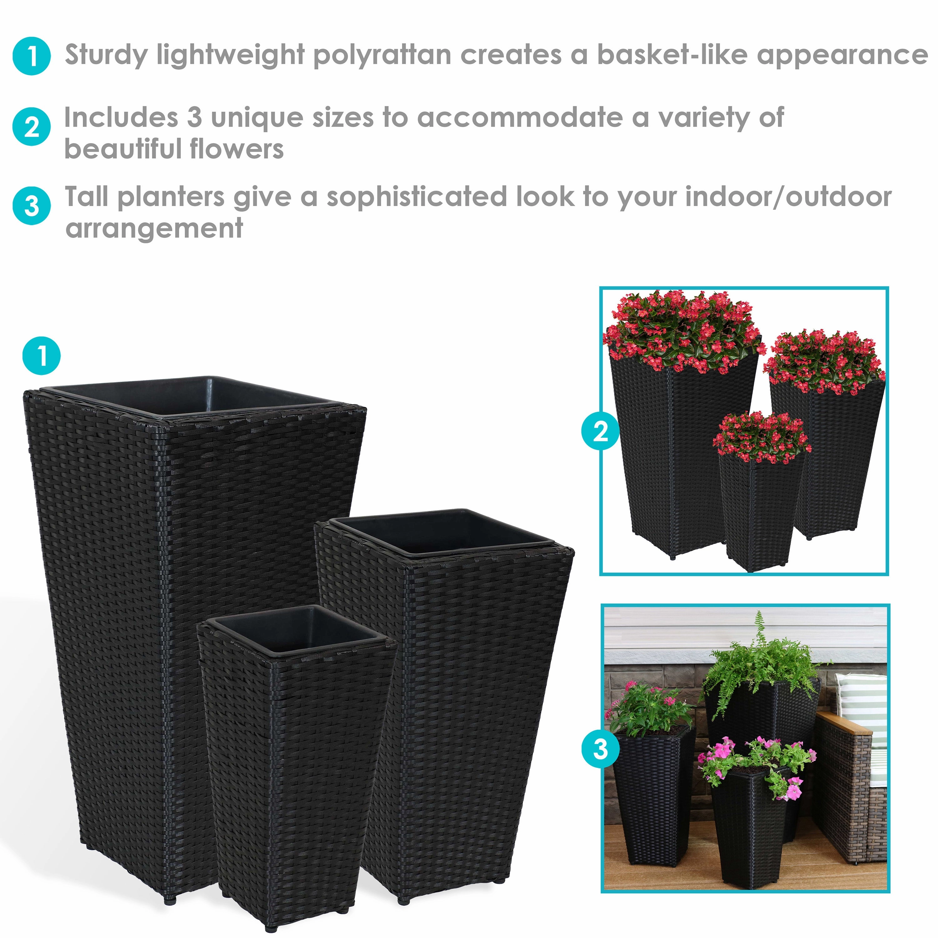 Sunnydaze Polyrattan Square Tall Wicker Planter - Black - Set of 3