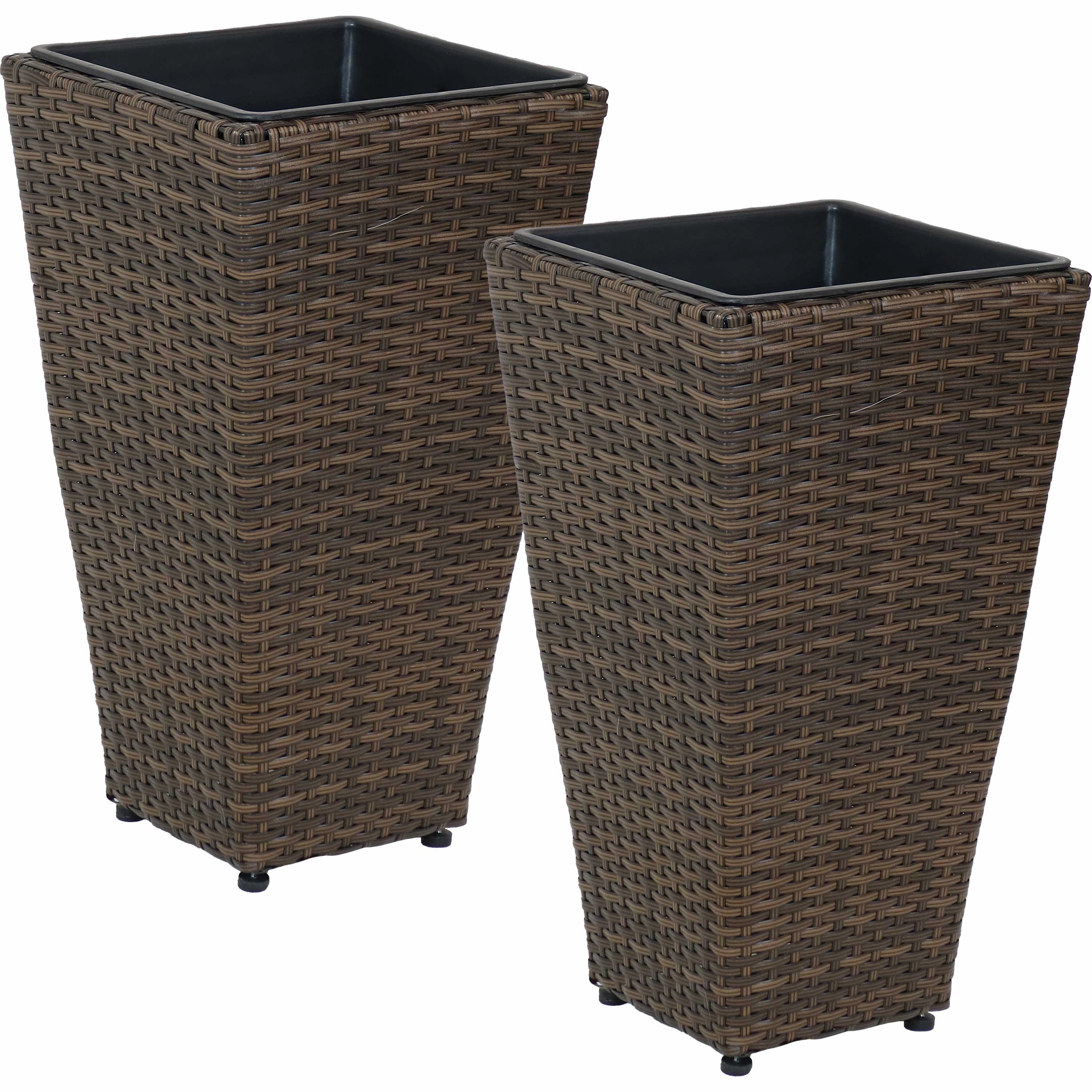 Sunnydaze Polyrattan Square Tall Wicker Planter - Brown - Set of 2