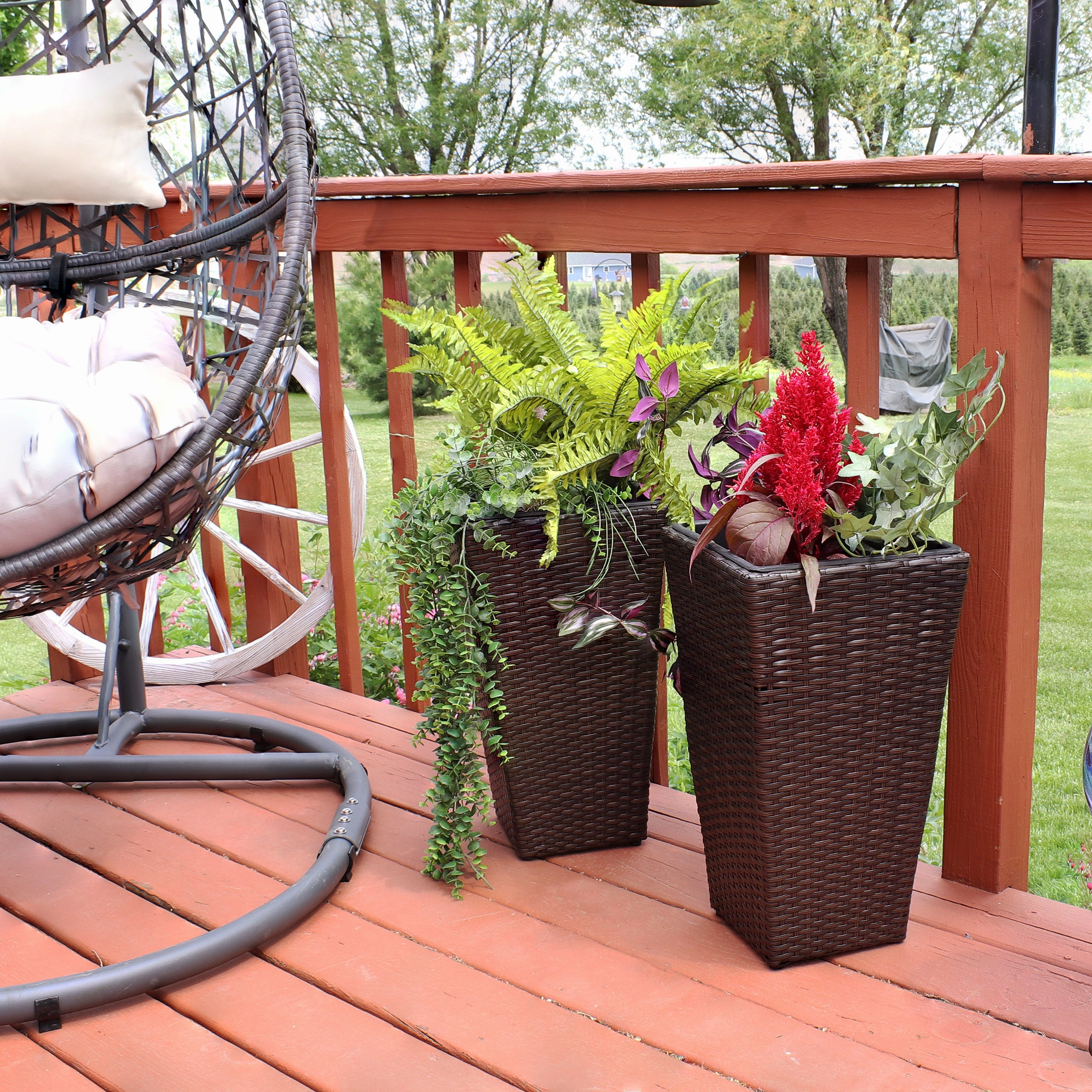 Sunnydaze Polyrattan Square Tall Wicker Planter - Brown - Set of 2