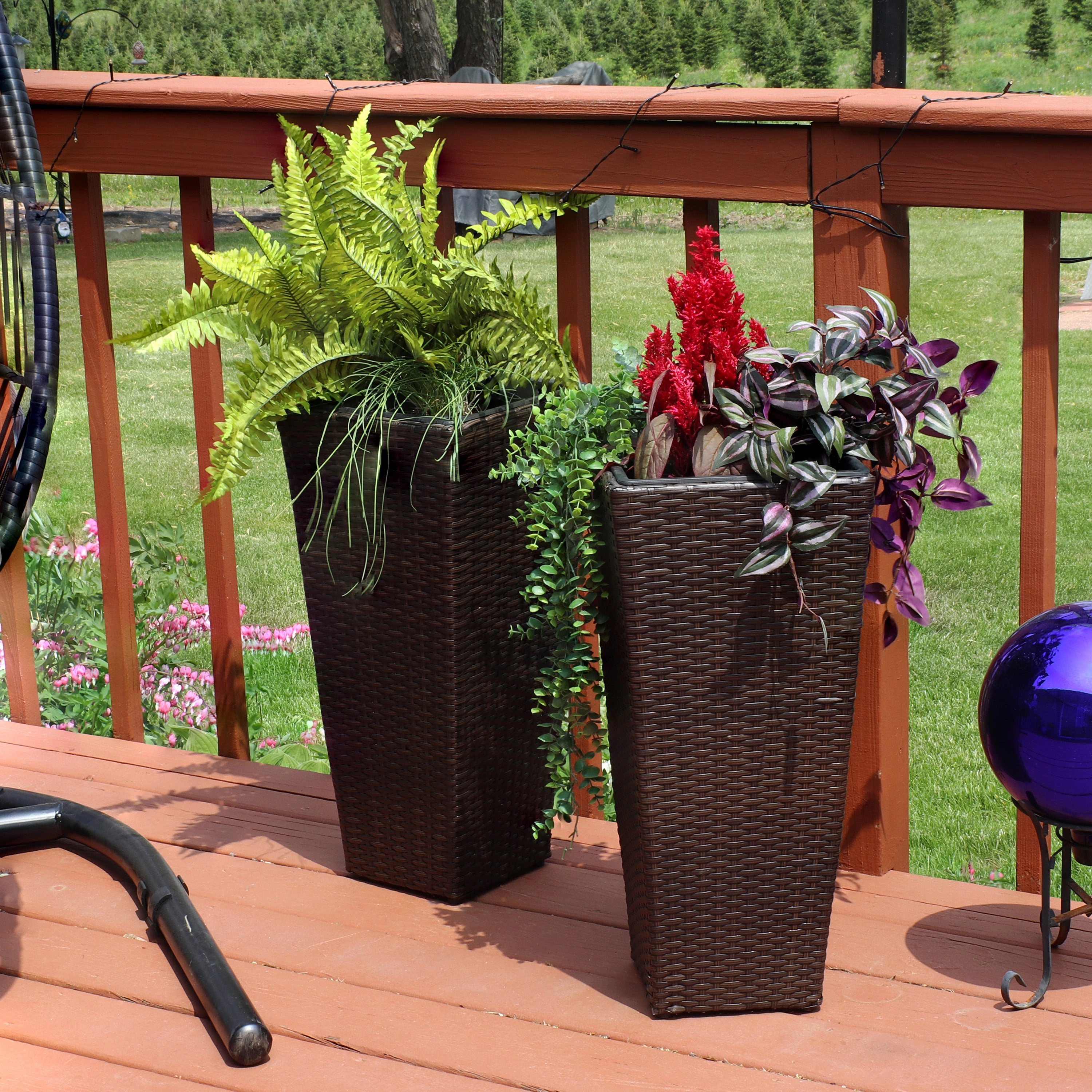 Sunnydaze Polyrattan Square Tall Wicker Planter - Brown - Set of 2