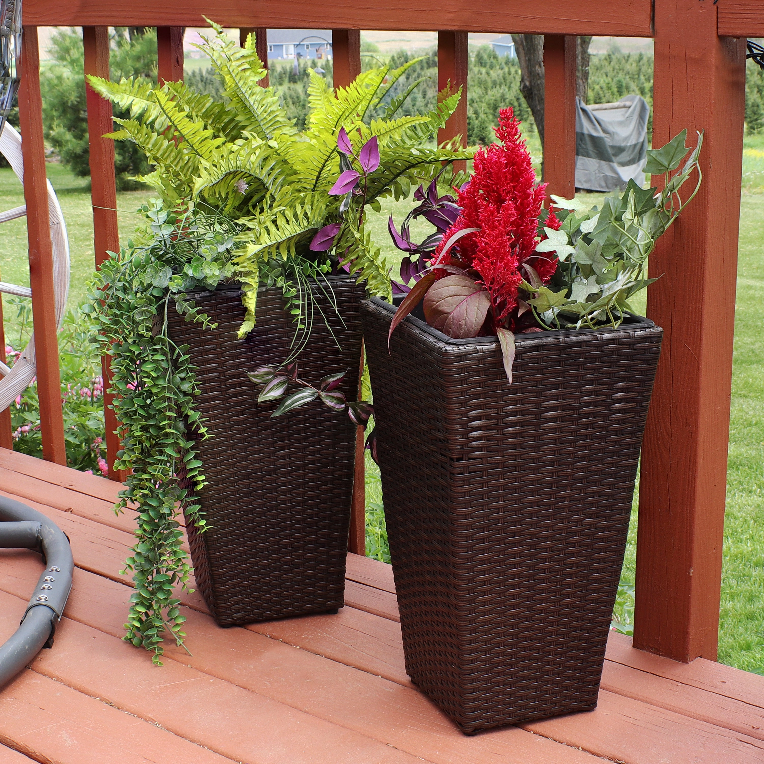 Sunnydaze Polyrattan Square Tall Wicker Planter - Brown - Set of 2