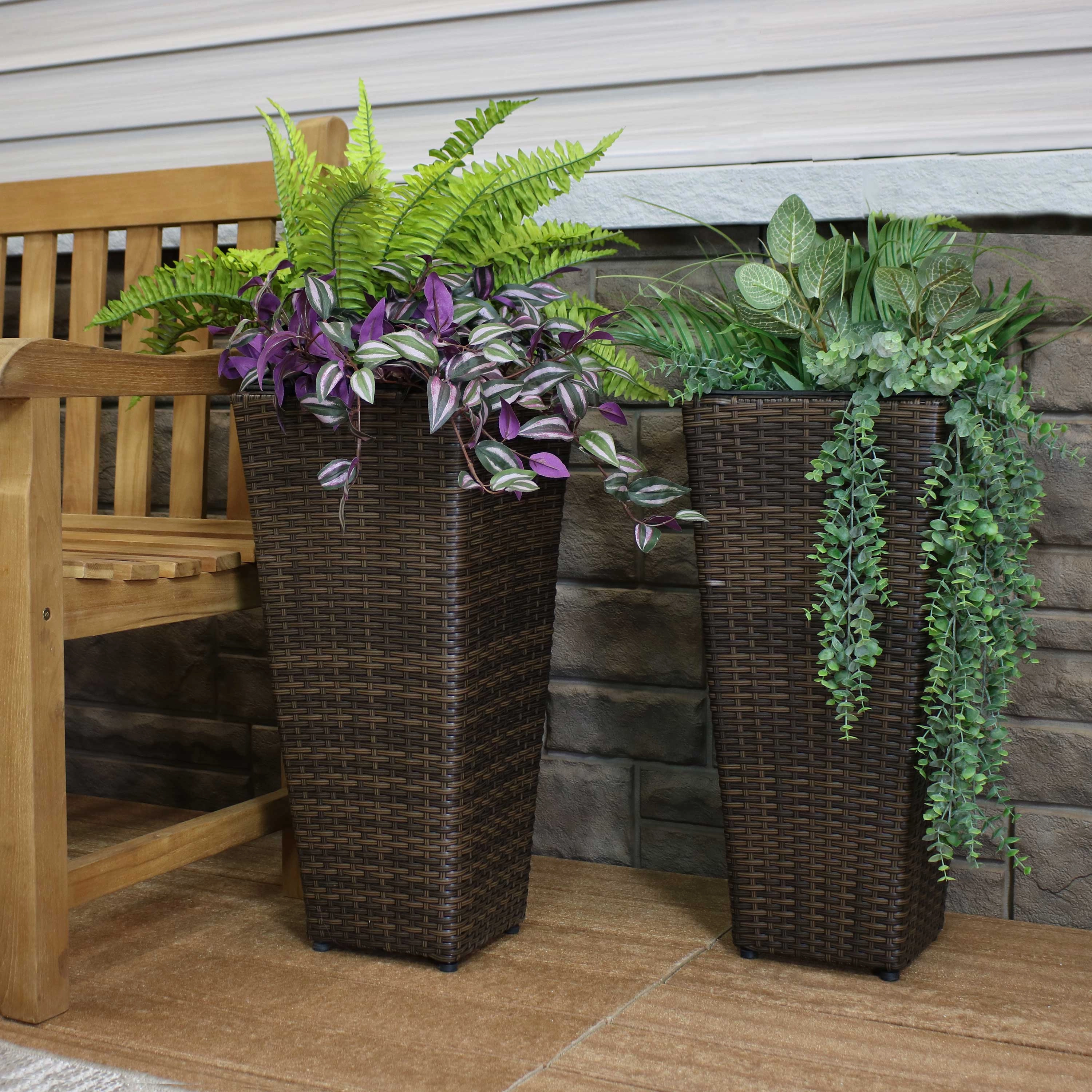 Sunnydaze Polyrattan Square Tall Wicker Planter - Brown - Set of 2