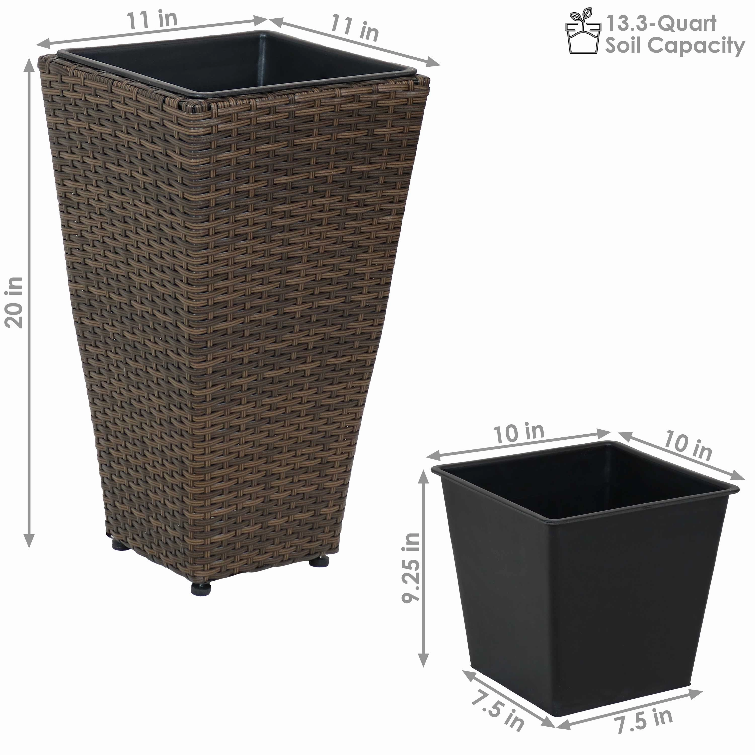 Sunnydaze Polyrattan Square Tall Wicker Planter - Brown - Set of 2