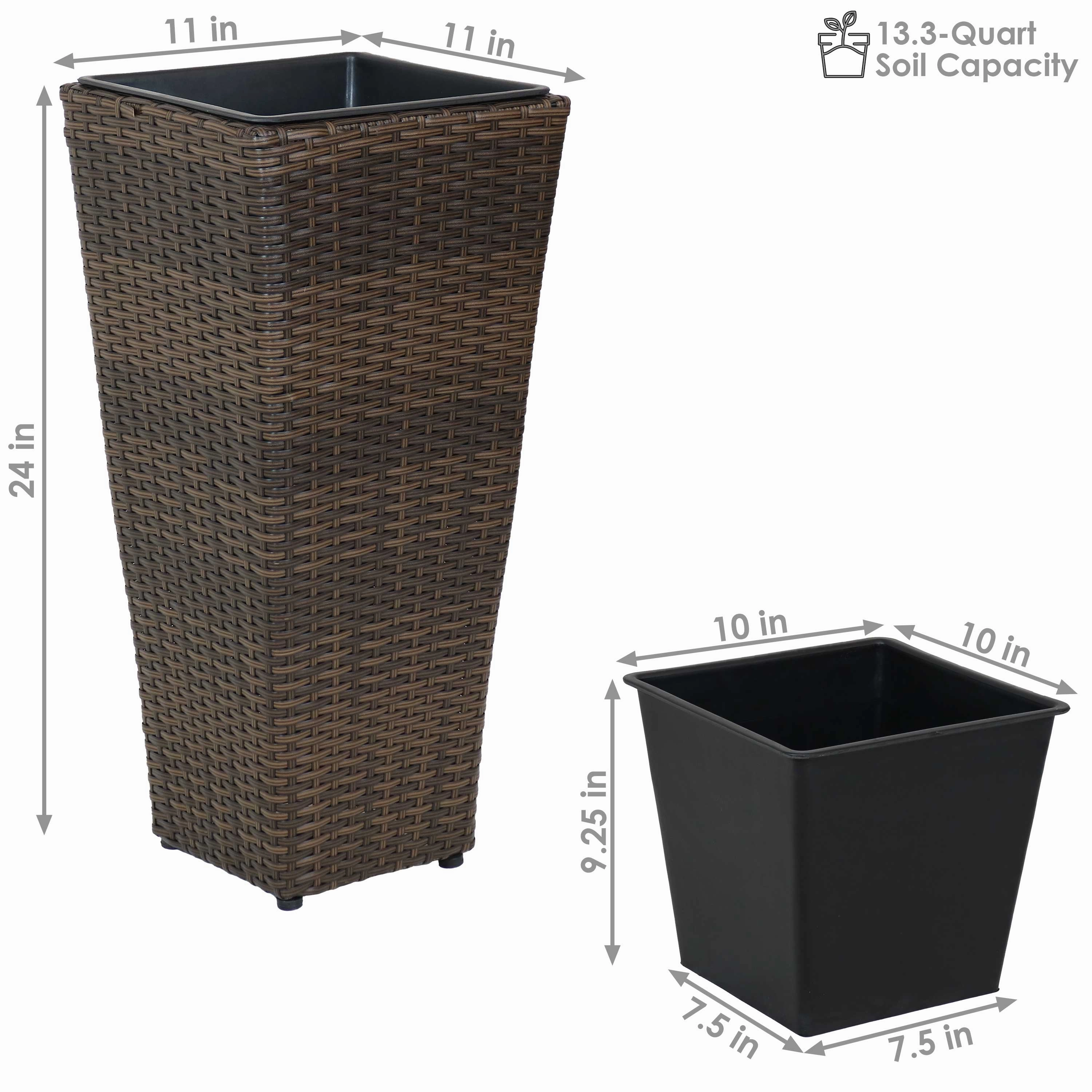 Sunnydaze Polyrattan Square Tall Wicker Planter - Brown - Set of 2