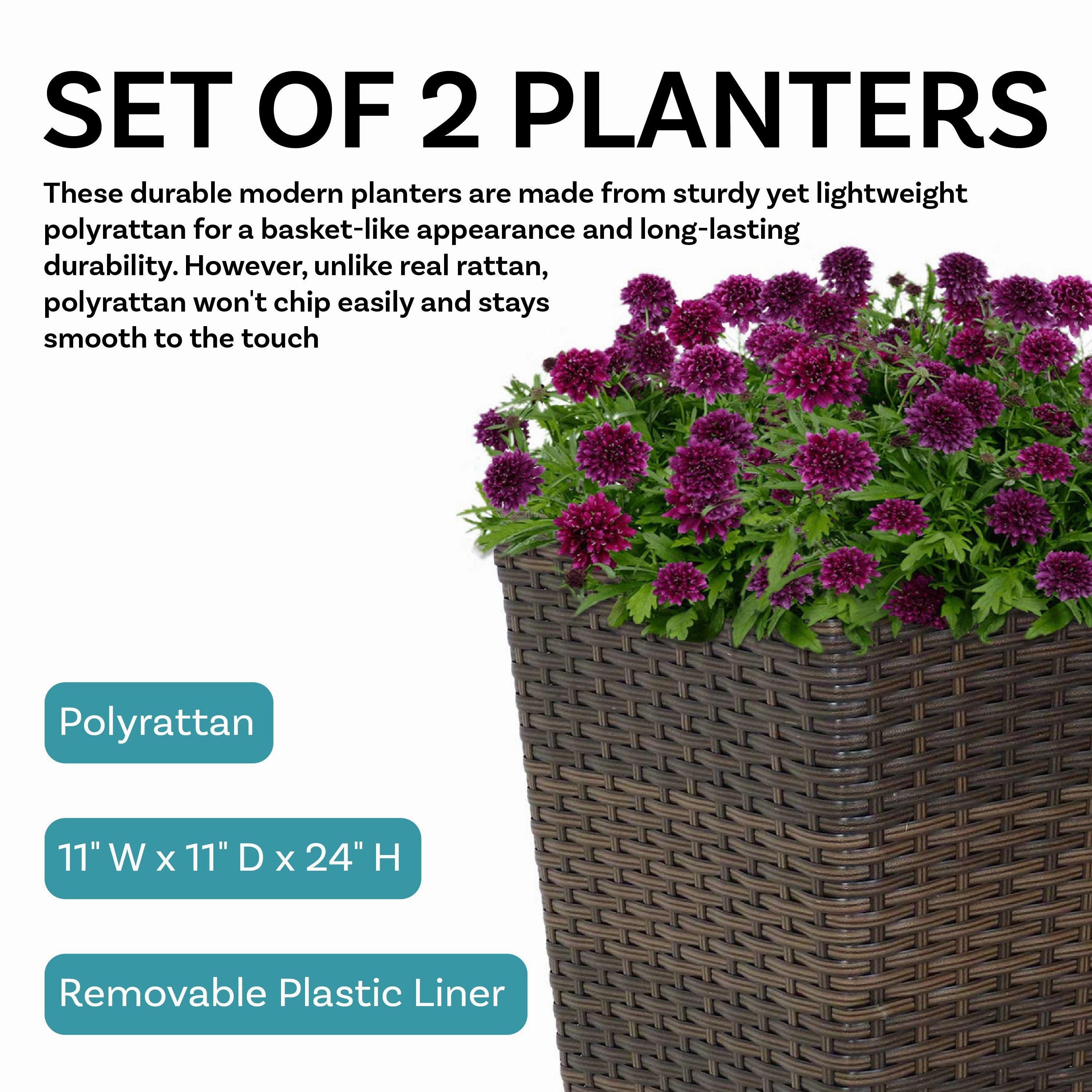 Sunnydaze Polyrattan Square Tall Wicker Planter - Brown - Set of 2