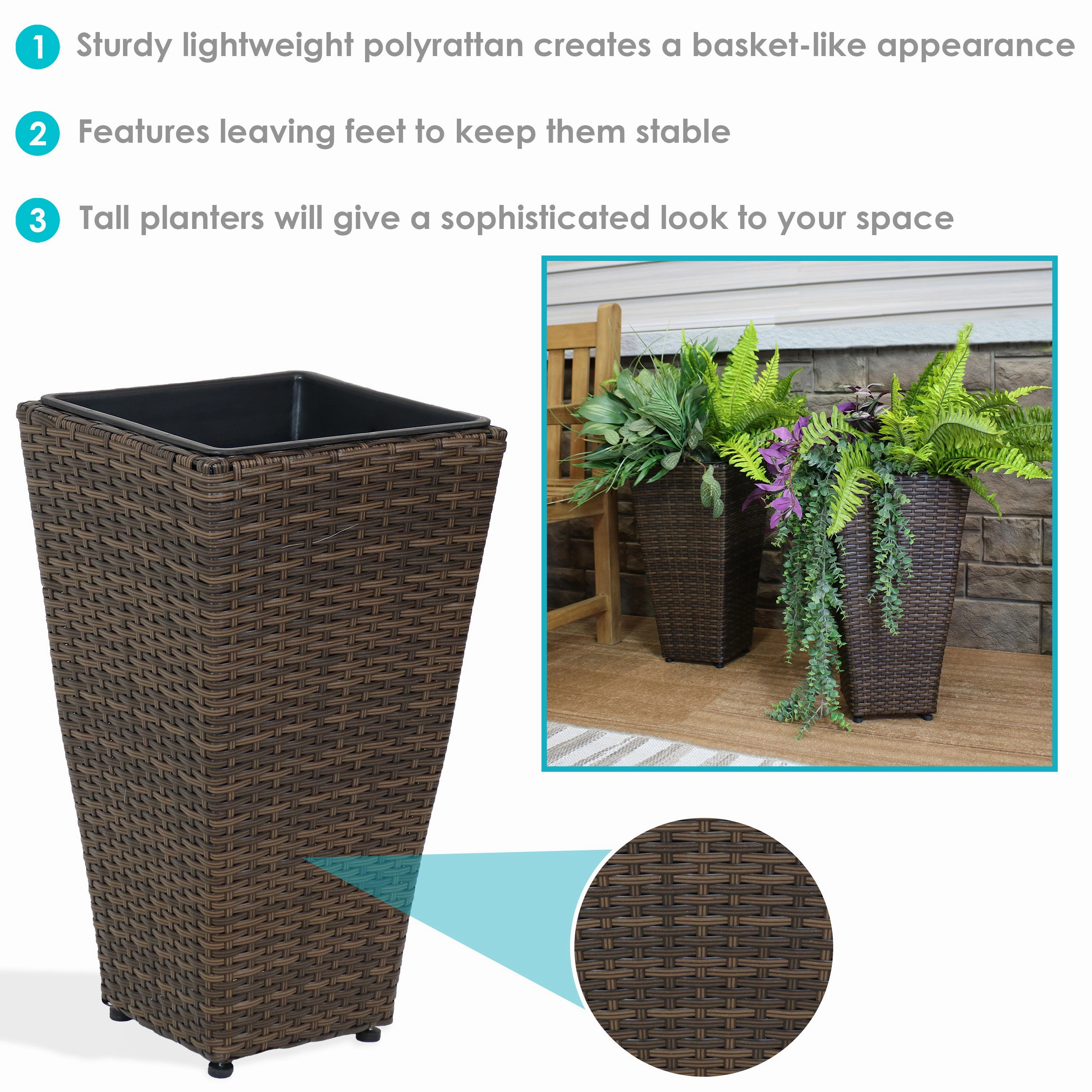 Sunnydaze Polyrattan Square Tall Wicker Planter - Brown - Set of 2