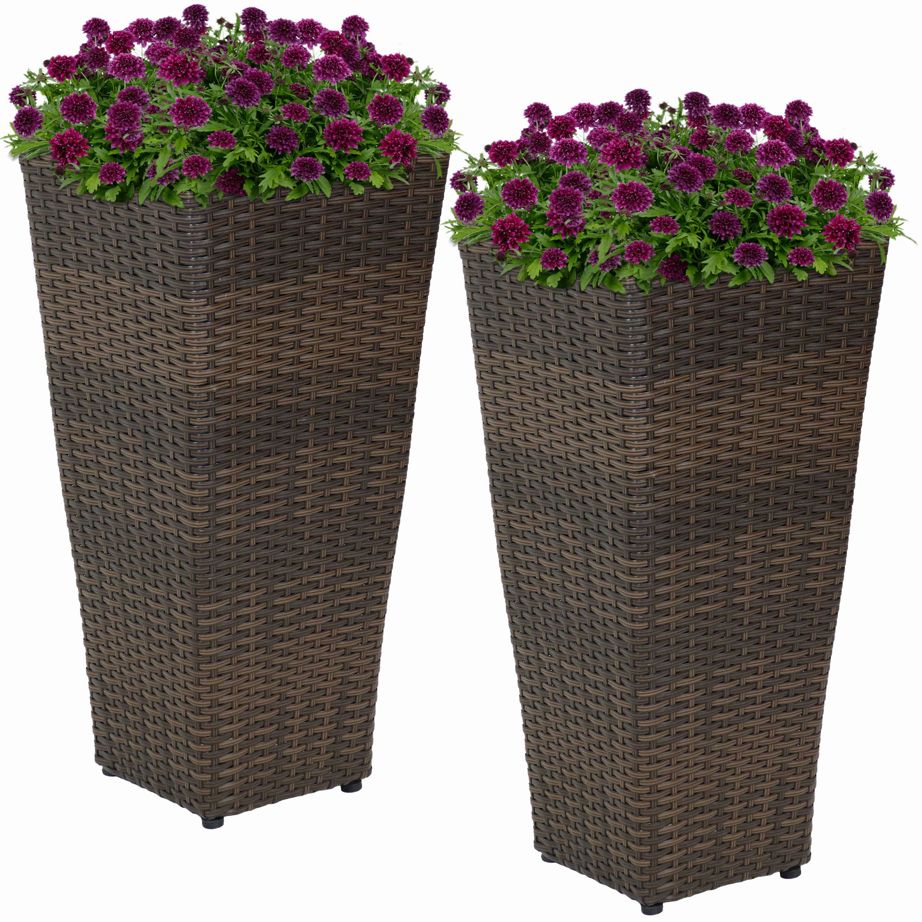 Sunnydaze Polyrattan Square Tall Wicker Planter - Brown - Set of 2