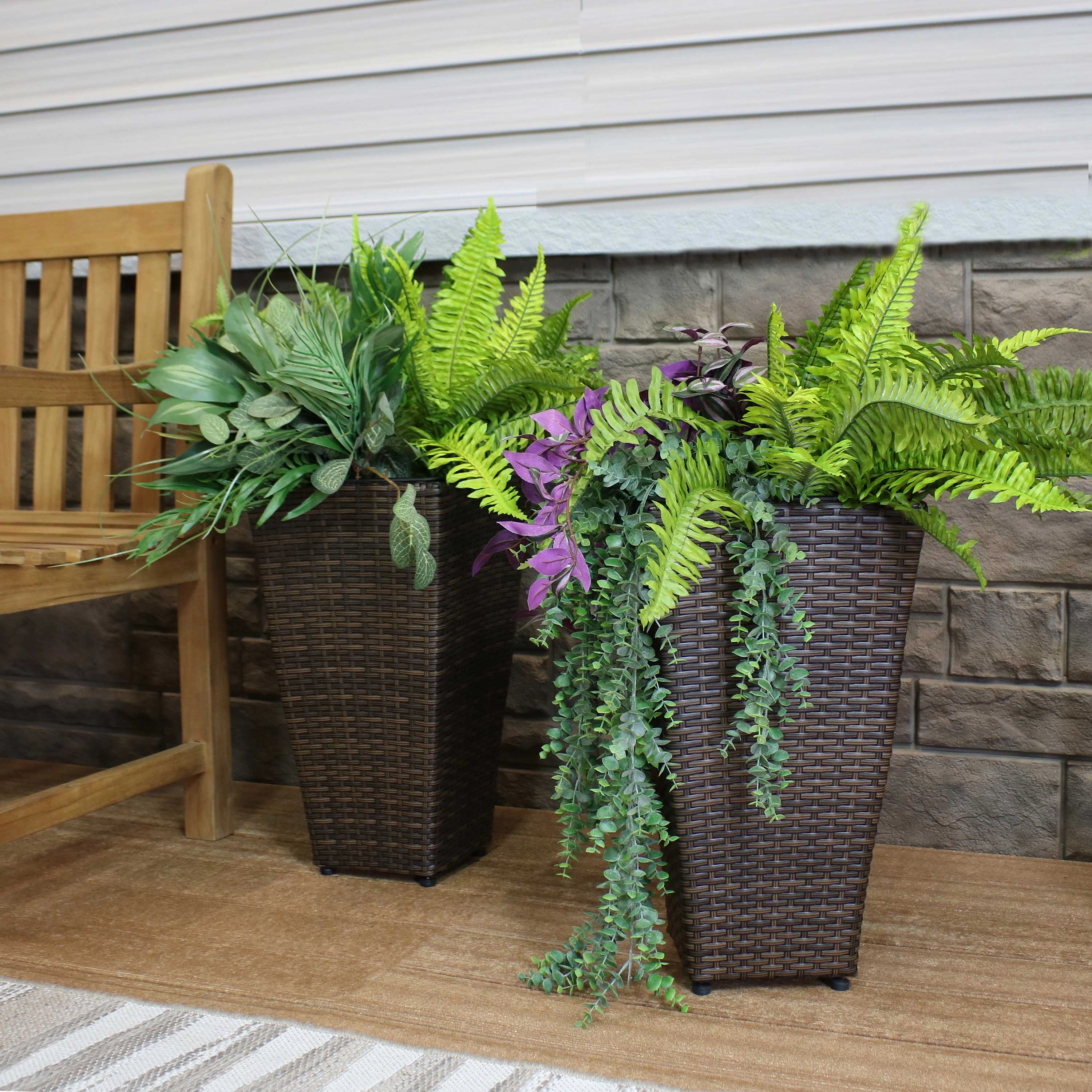 Sunnydaze Polyrattan Square Tall Wicker Planter - Brown - Set of 2