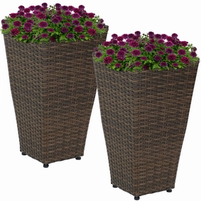 Sunnydaze Polyrattan Square Tall Wicker Planter - Brown - Set of 2 decorative outdoor planter box designs