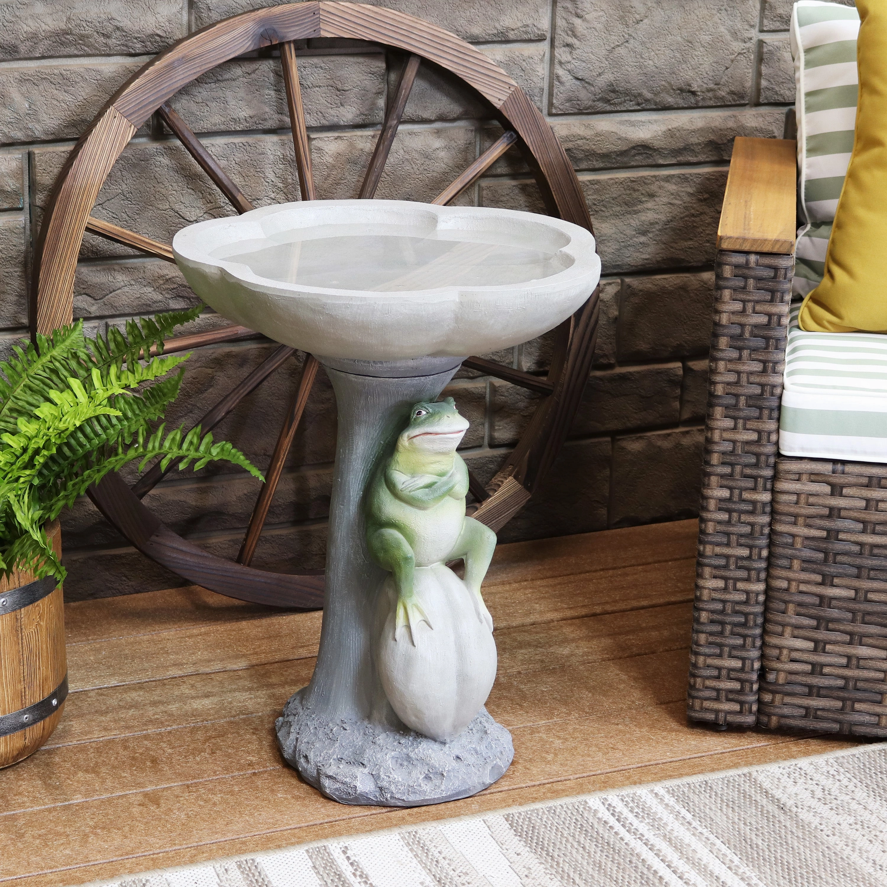 Sunnydaze Polyresin Brooding Frog on Stone Outdoor Garden Bird Bath