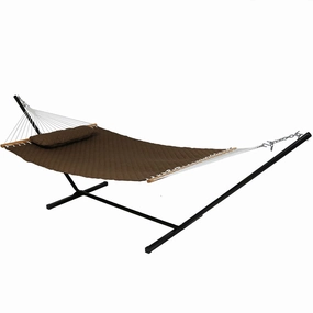 Sunnydaze Quilted Fabric 2-Person Hammock with Pillow and Stand double size outdoor hammock for couples