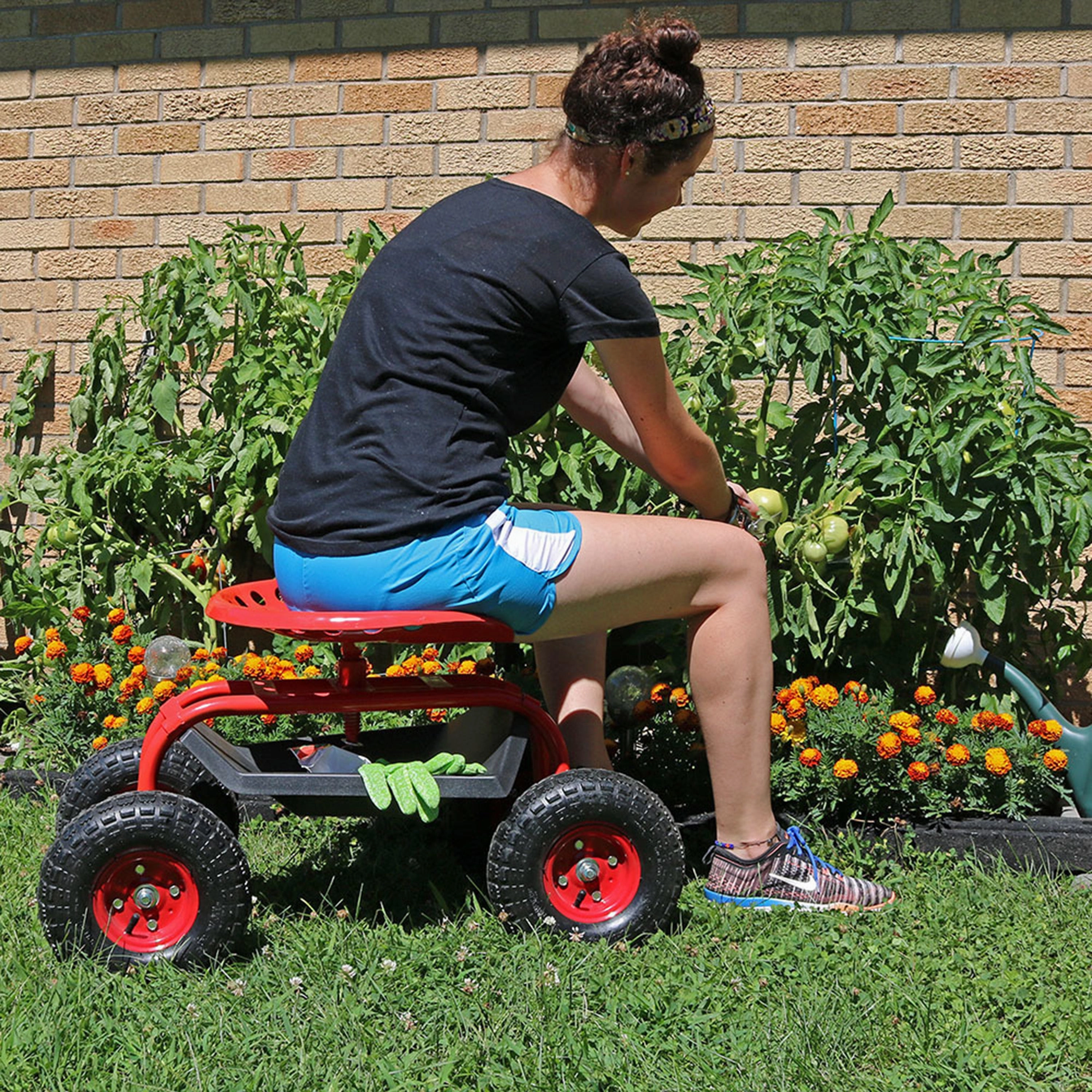 Sunnydaze Rolling Garden Cart with 360-Degree Swivel Seat and Tray