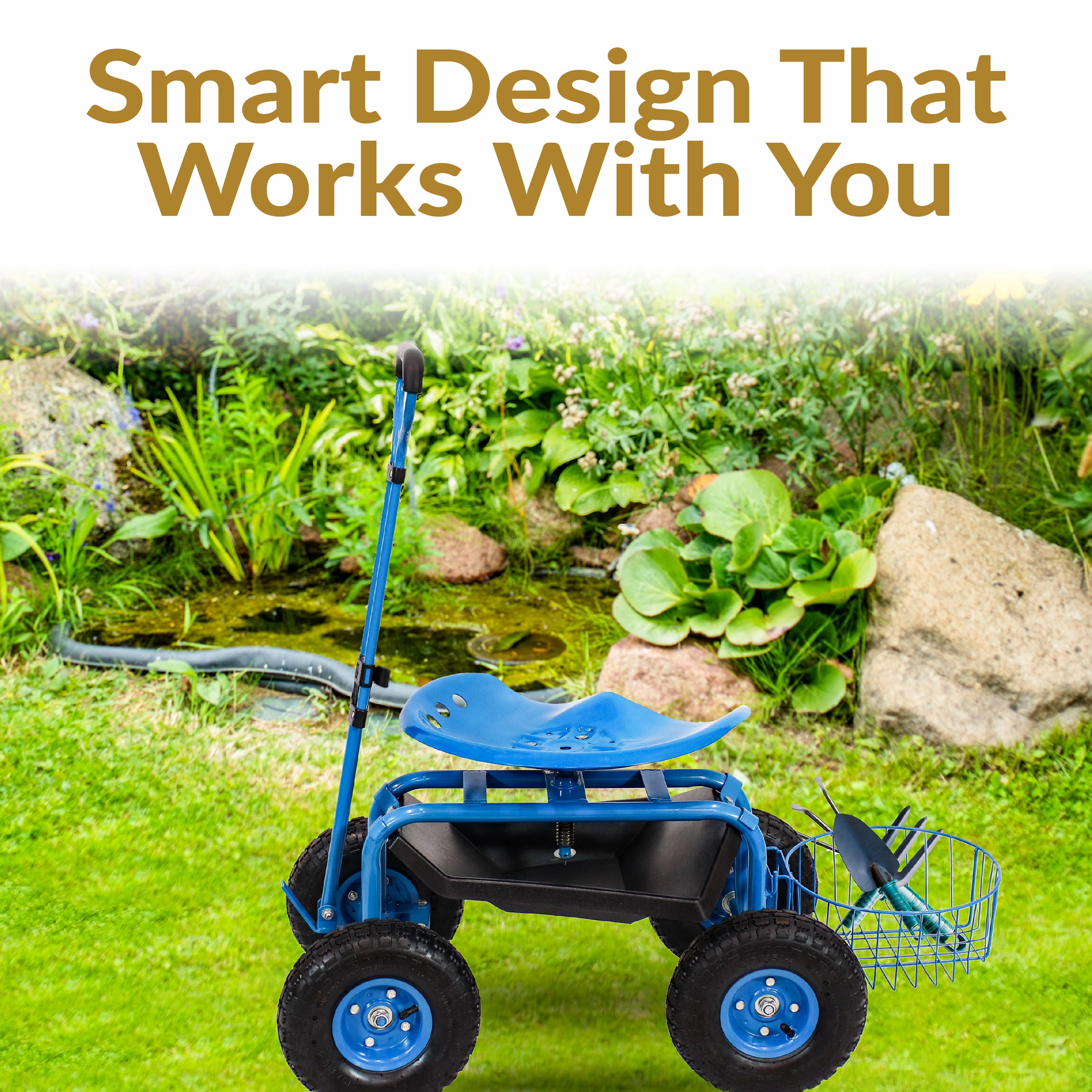 Sunnydaze Rolling Garden Cart with Swivel Seat, Handle, and Basket