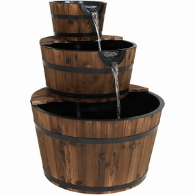 Sunnydaze Rustic 3-Tier Wood Barrel Water Fountain - 30" Houtdoor garden water fountain